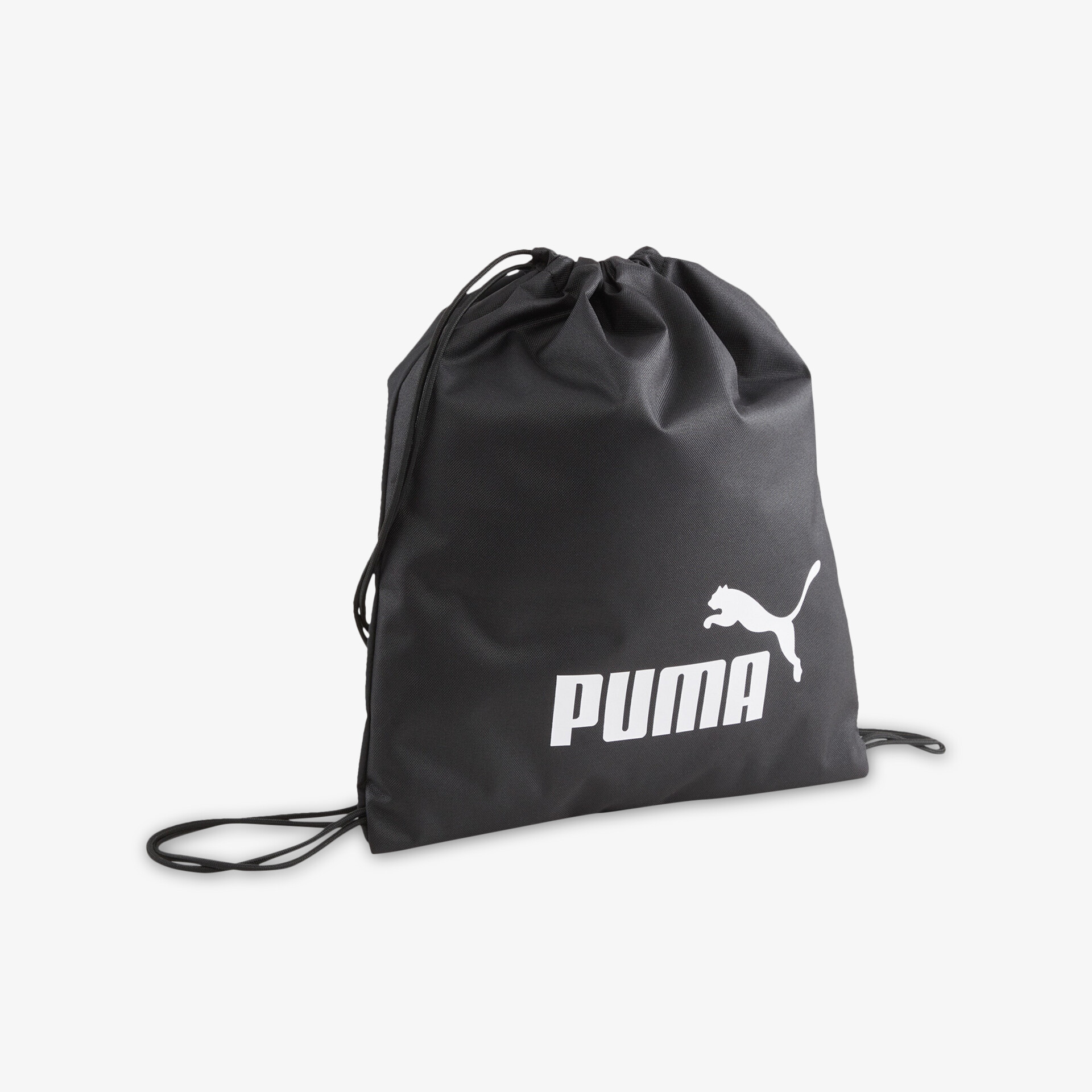 Schwarzer leichter Turnbeutel mit robustem Kordelzug und weißem Puma Logo für sportlichen Einsatz