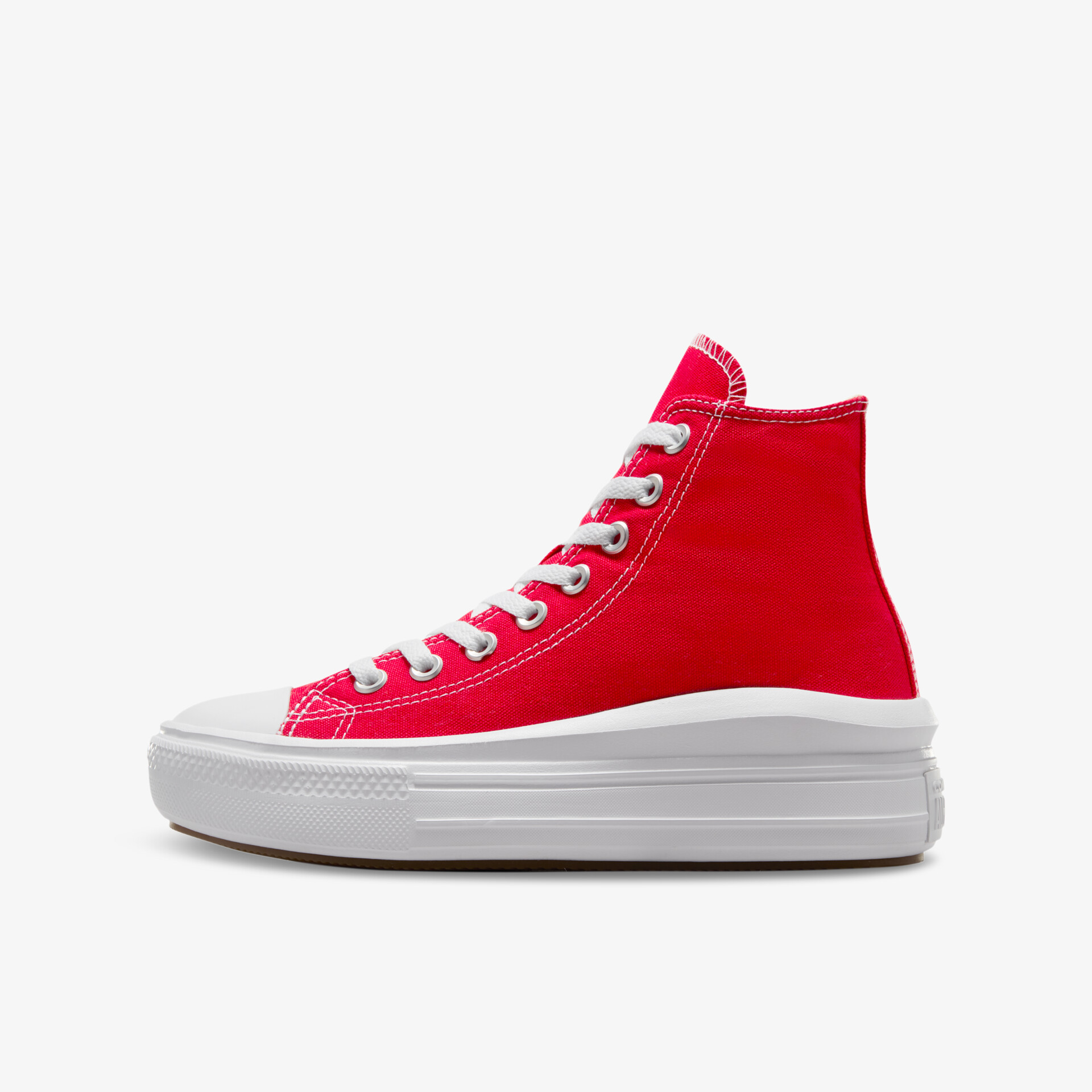 Roter High-Top Sneaker mit dicker weißer Sohle und sportlichem Design in klarer seitlicher Ansicht