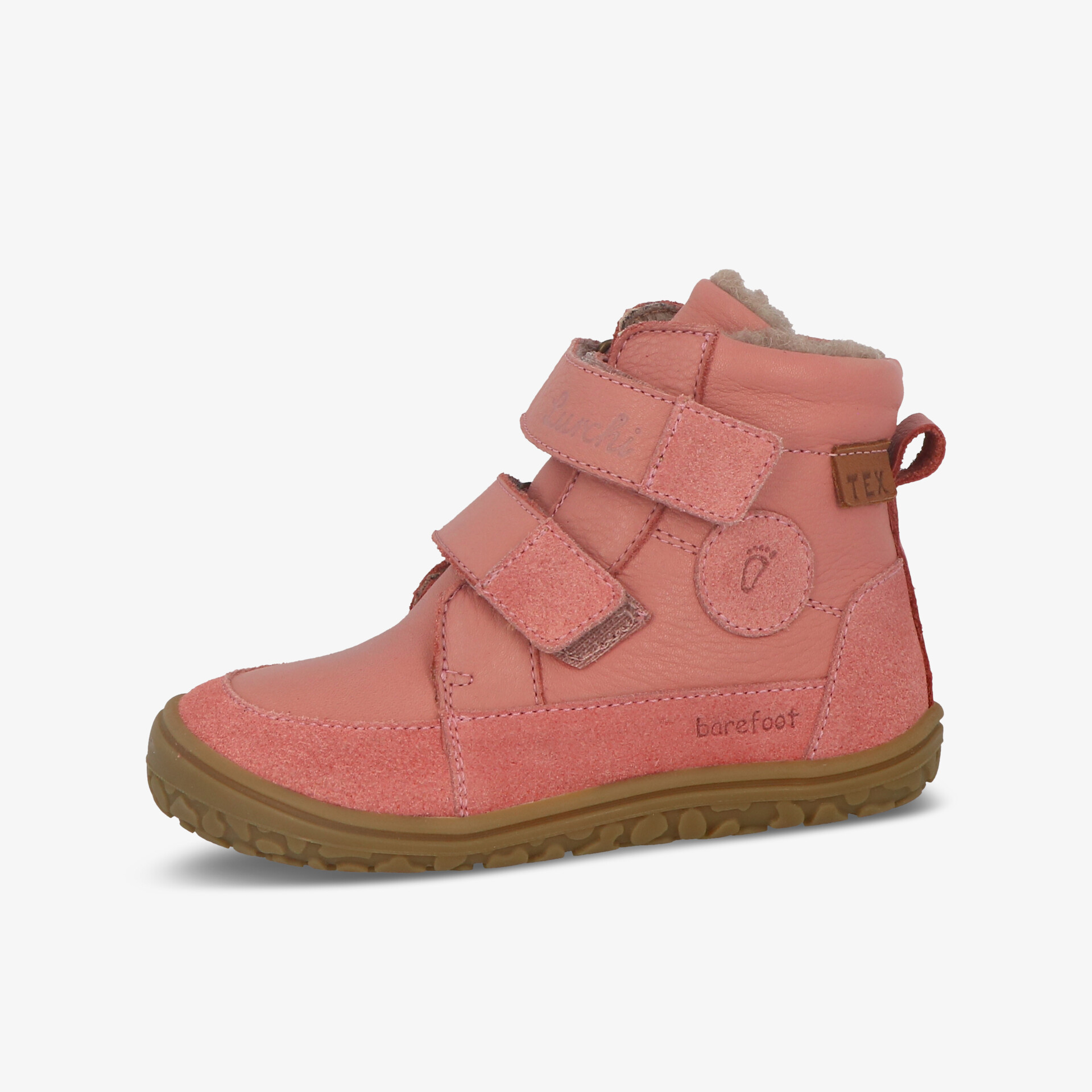 Rosa Kinderschuh mit hohem Schaft und zwei Klettverschlüssen, bequeme flexible rutschfeste Sohle