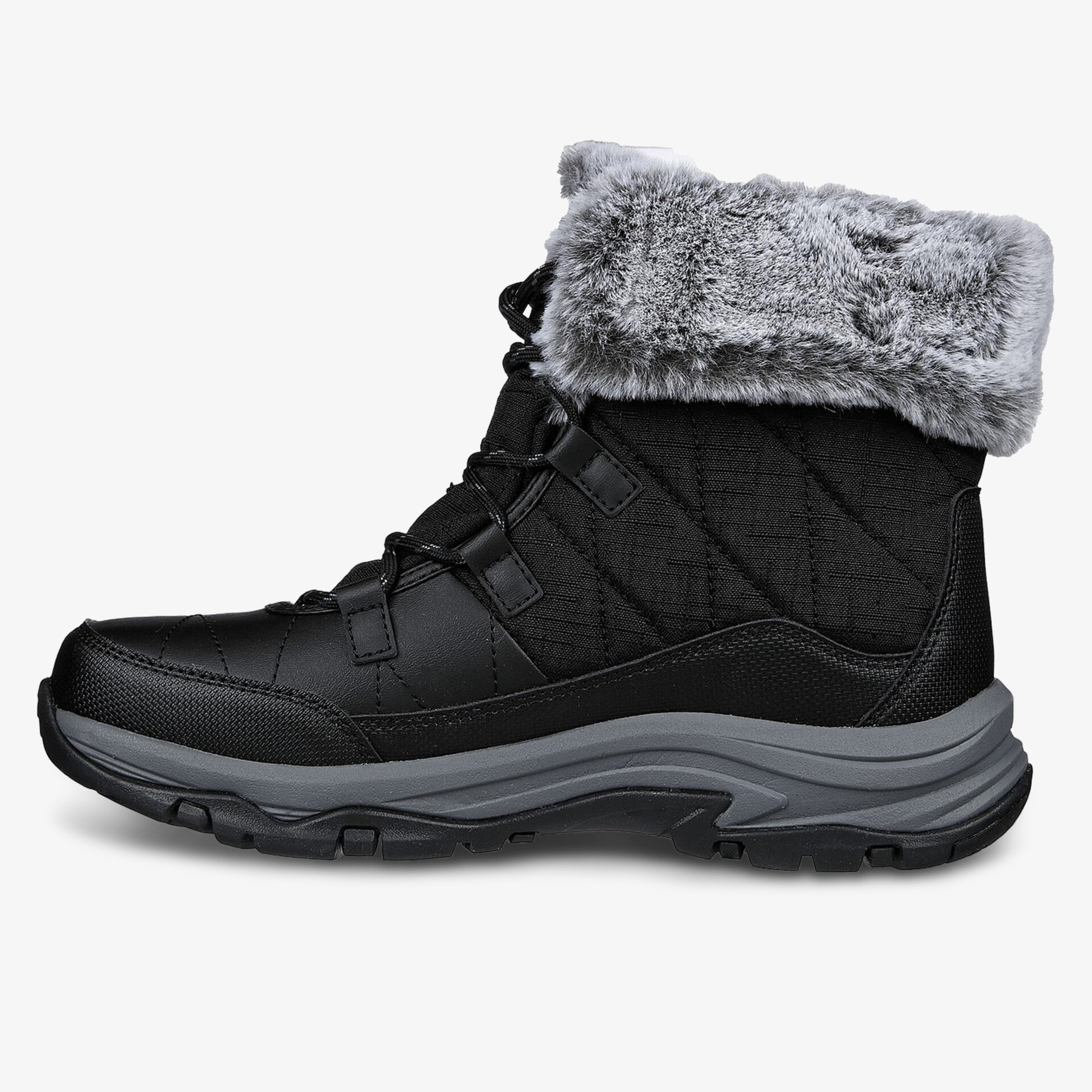 Warmer, wasserabweisender Winterstiefel mit weichem Fellbesatz und robuster rutschfester Sohle in seitlicher Ansicht