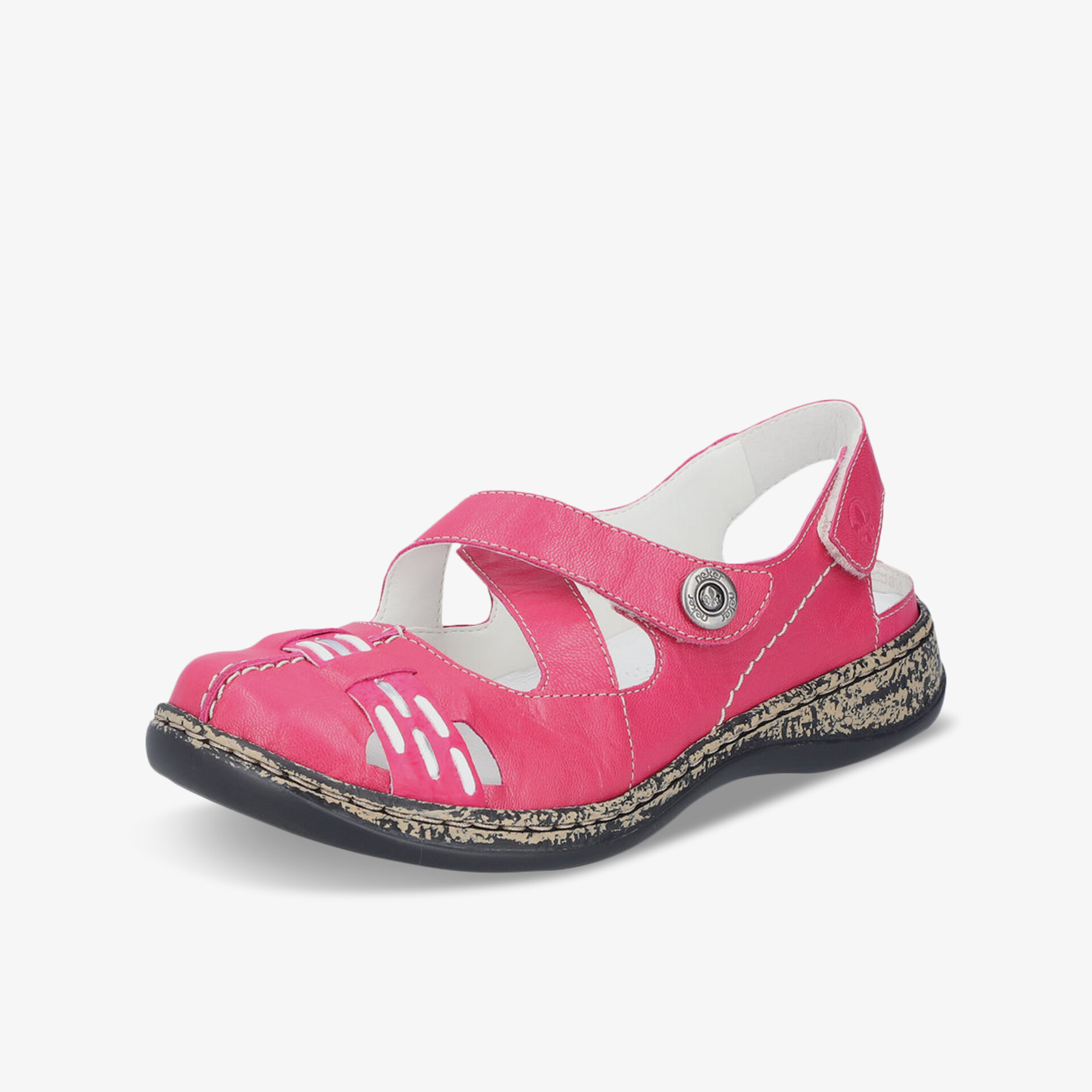 Offener pinkfarbener Komfortschuh mit verstellbaren Riemen und rutschfester, flexibler Sohle, ideal für langanhaltenden Tragekomfort