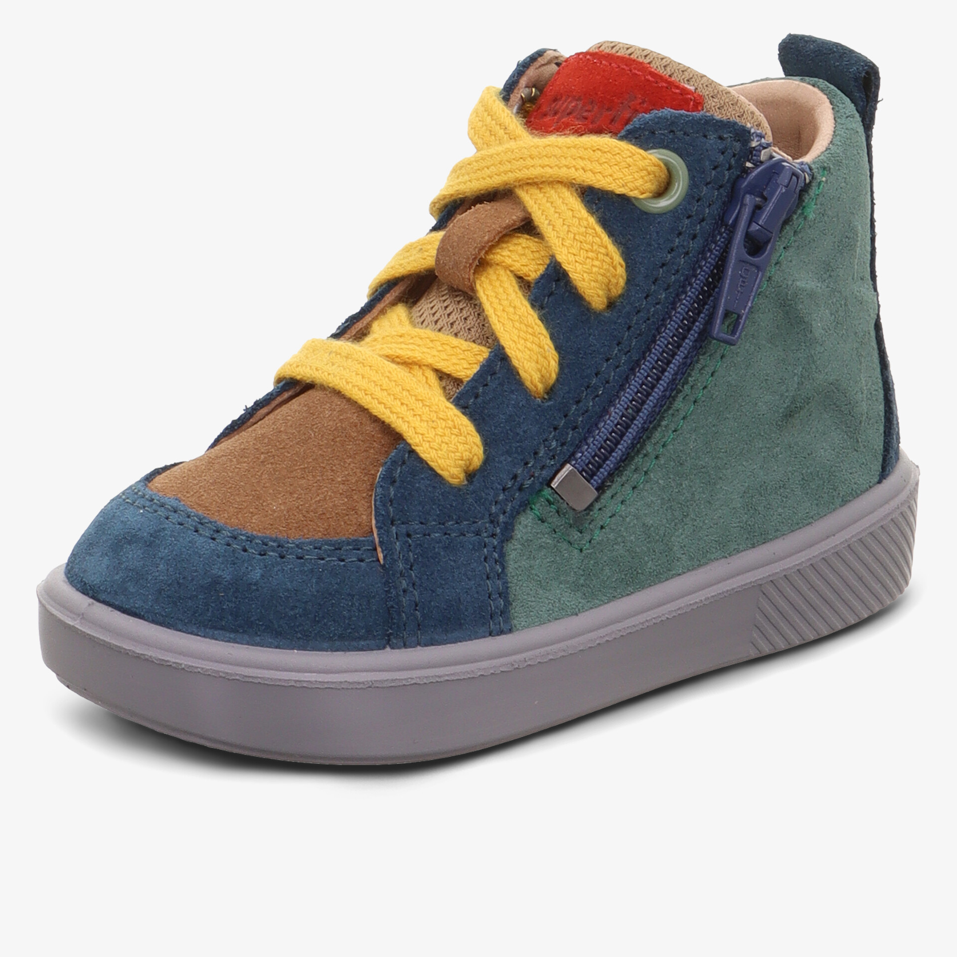 Bunter Kinderschuh mit seitlichem Reißverschluss und gelben Schnürsenkeln für bequemen Halt