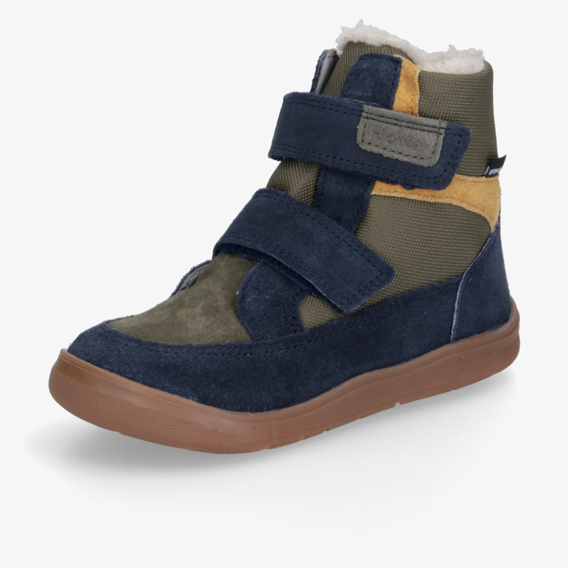 Moderner hoher Sneaker aus Leder mit zwei Klettverschlüssen und rutschfester brauner Gummisohle, bequeme Passform