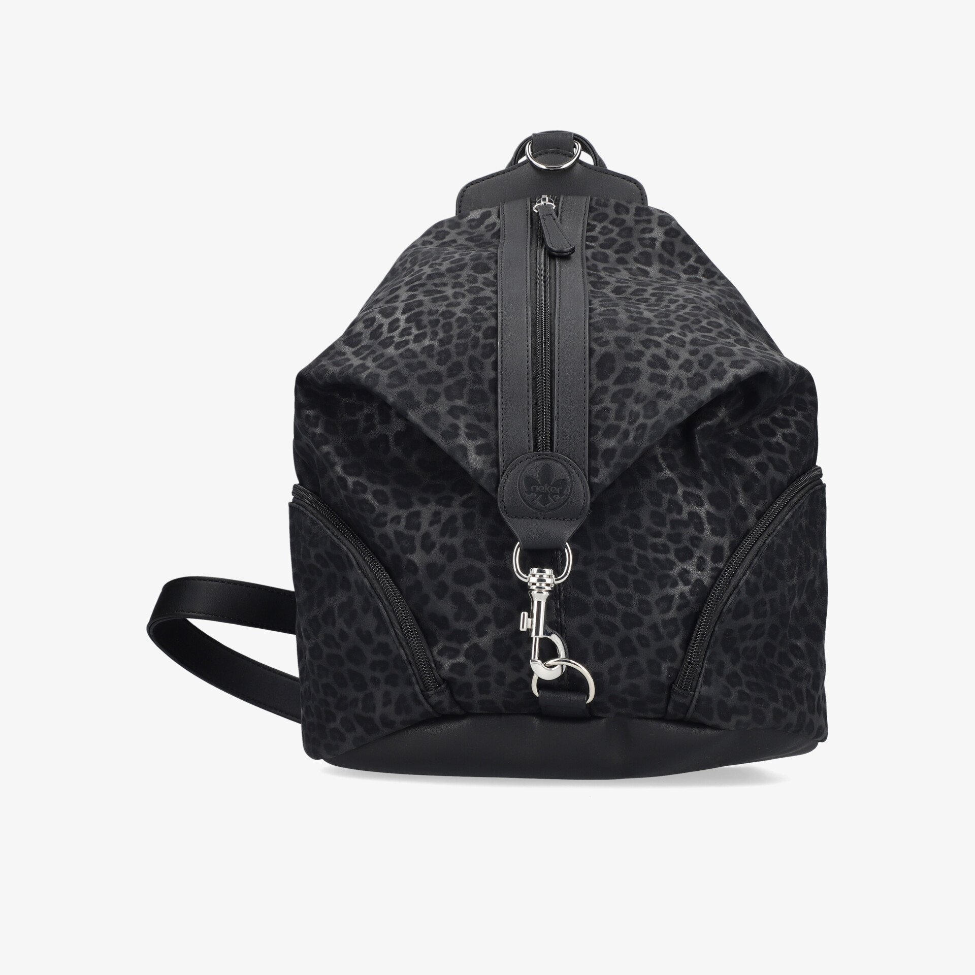 Schwarzer Rucksack mit dezentem Leopardenmuster und stabilem zentralem Reißverschluss, kompakt und modern