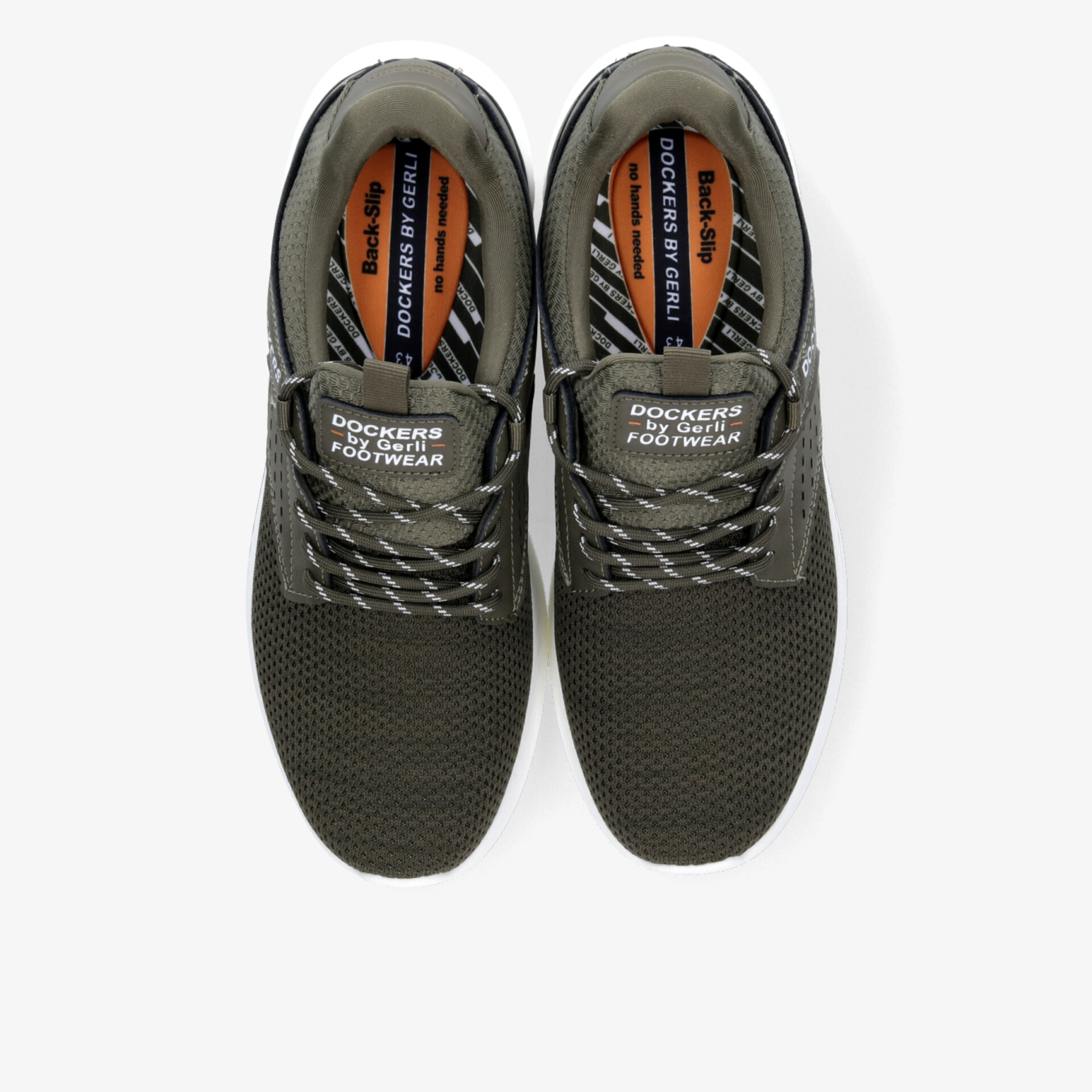 Olivgrüne sportschuhe mit atmungsaktivem mesh, gepolstertem kragen und flexibler sohle, von oben fotografiert