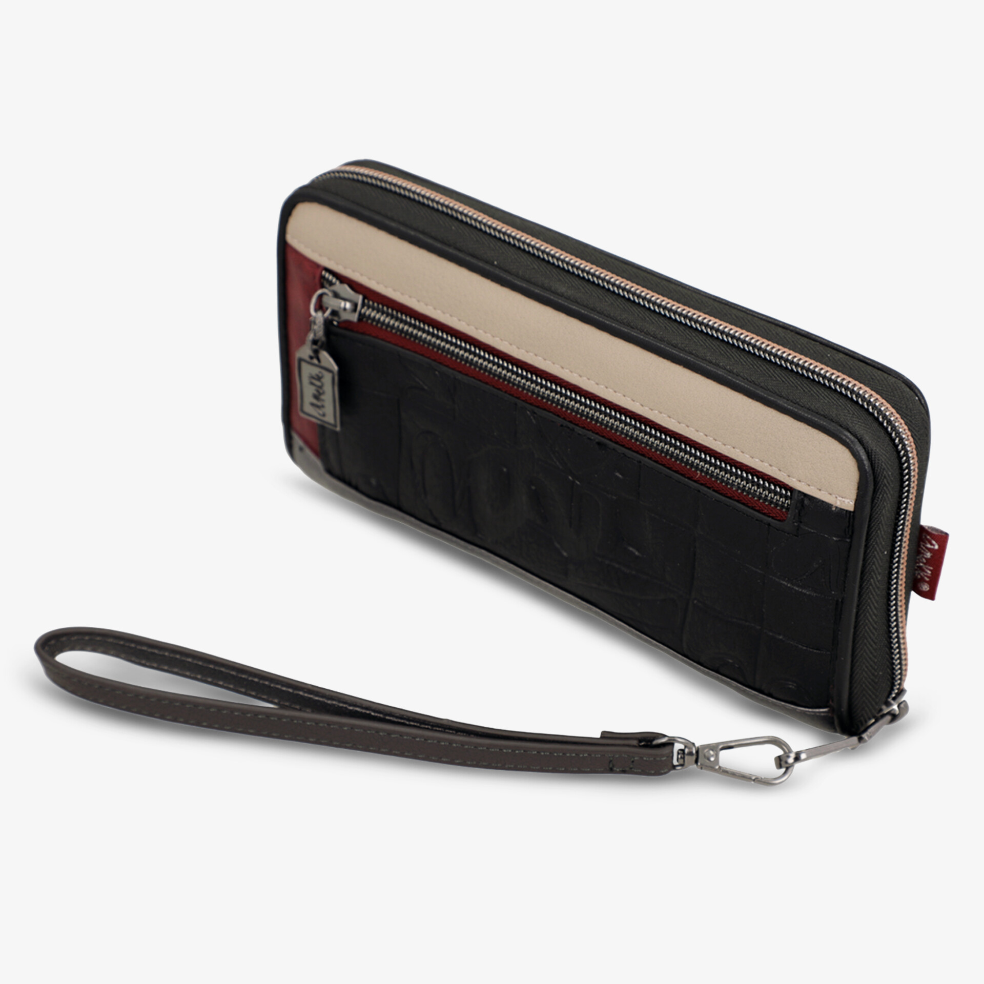 Kompakte Geldbörse mit Reißverschluss und abnehmbarem Tragegriff, robust und praktisch für den Alltag