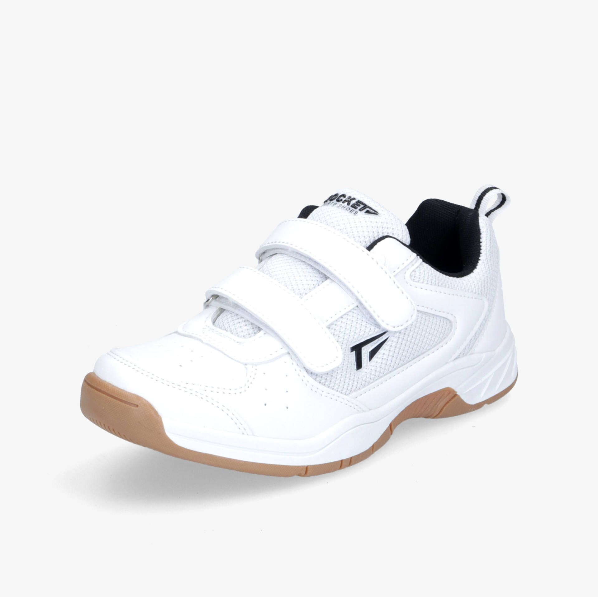 Sportlicher weißer Schuh mit Klettverschluss und rutschfester Sohle, ideal für vielseitigen Einsatz.