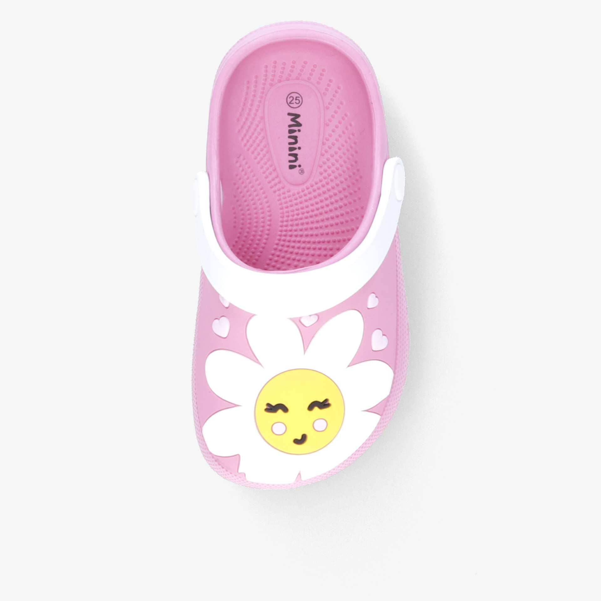 Rosa Kinderclogs mit fröhlichem Blumenmotiv und praktischem Fersenriemen für leichtes An- und Ausziehen.
