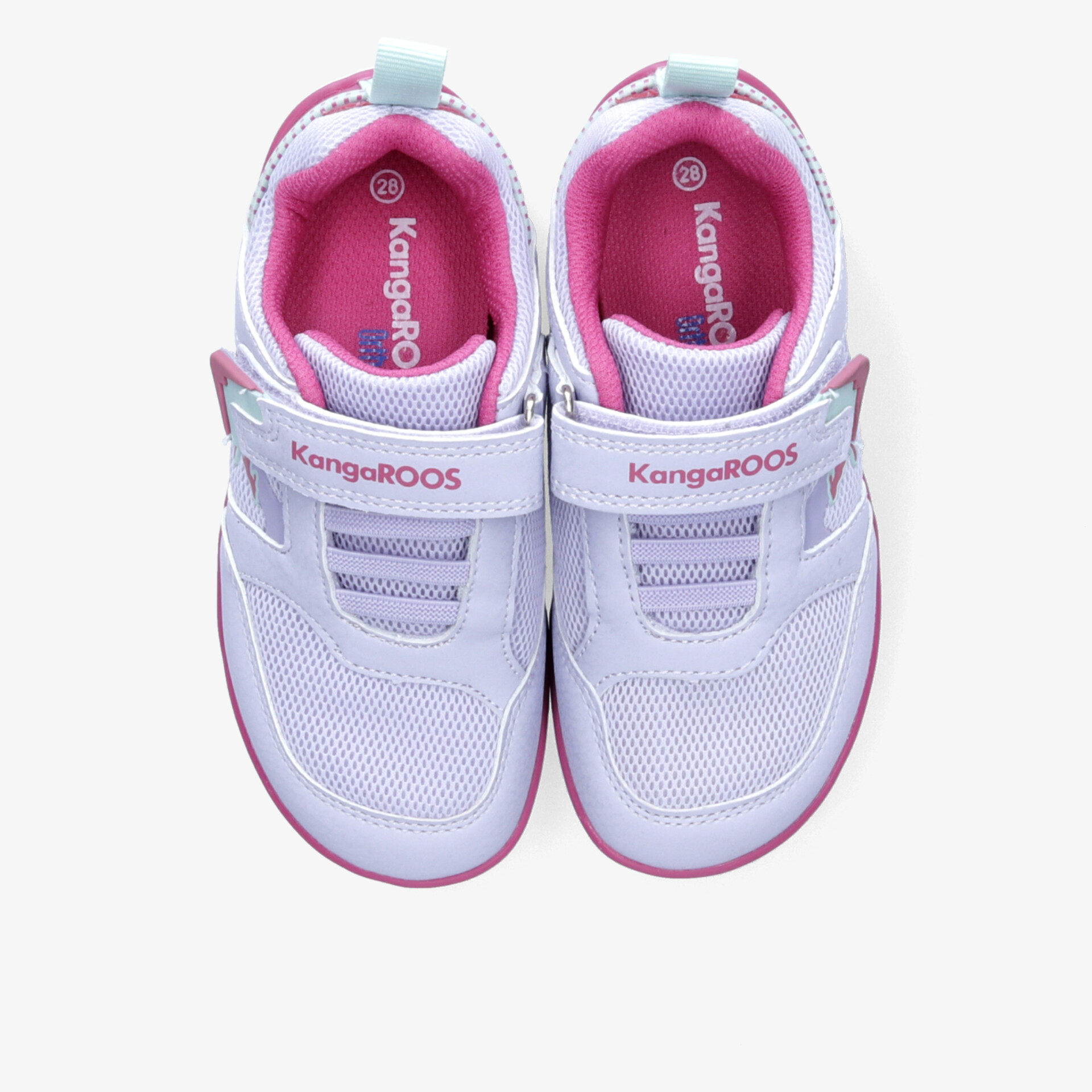 Top-Down Ansicht von sportlichen rosa-weißen Schuhen mit Klettverschluss für sicheren Halt und hohen Tragekomfort