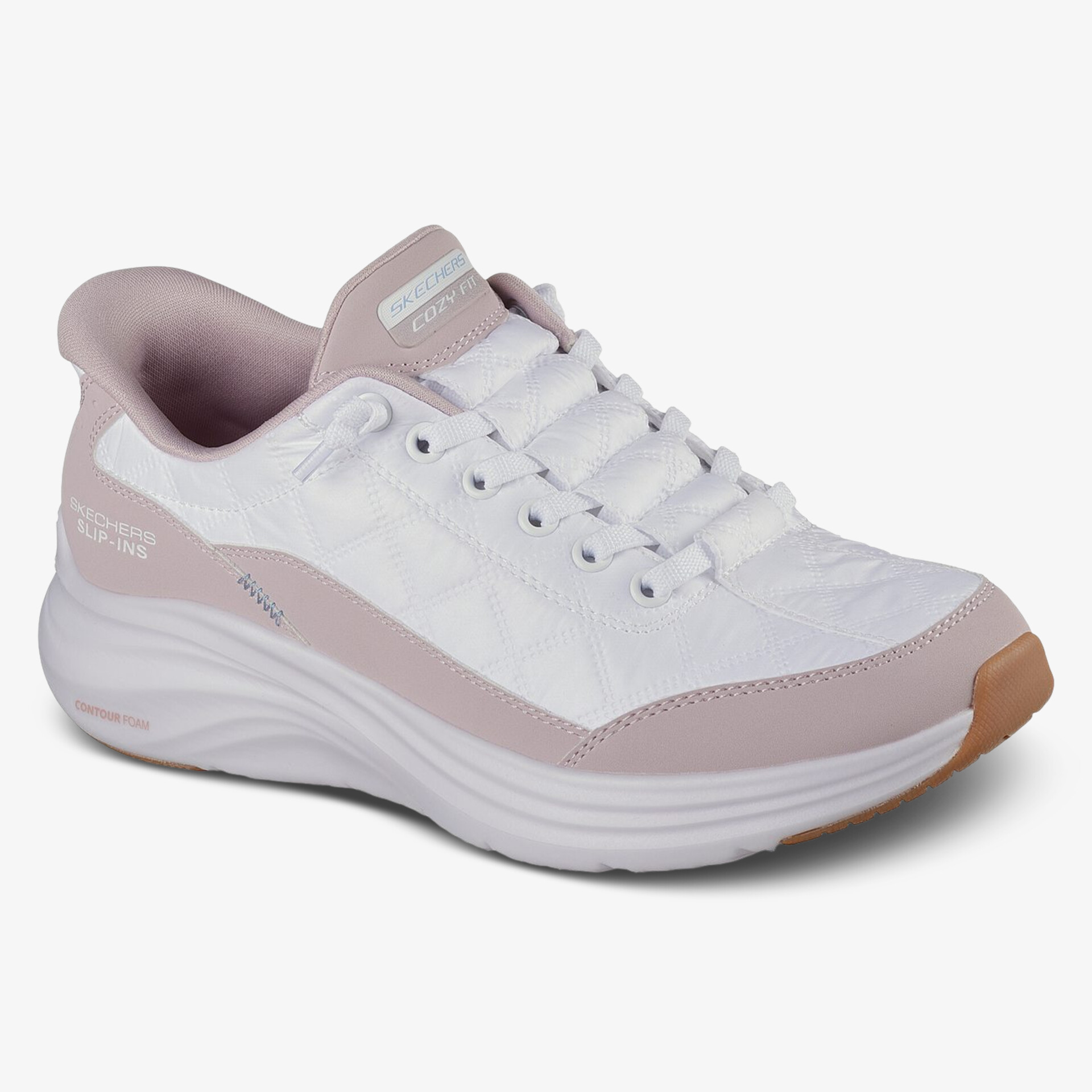 Stylischer weißer Sneaker mit rosa Akzenten und bequemer Sohle.
