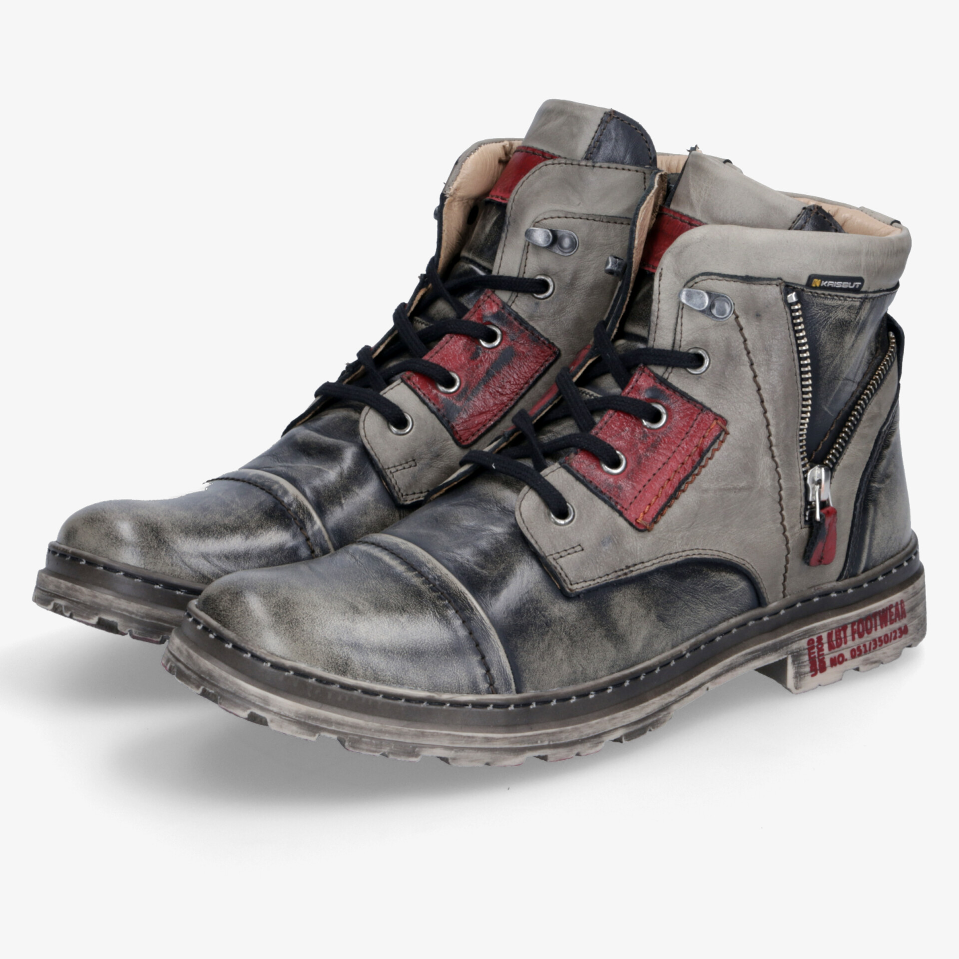 Moderne robuste Stiefeletten in Grau mit rotem Akzent, bequem und detailreich verarbeitet, reißverschluss und Schnürung