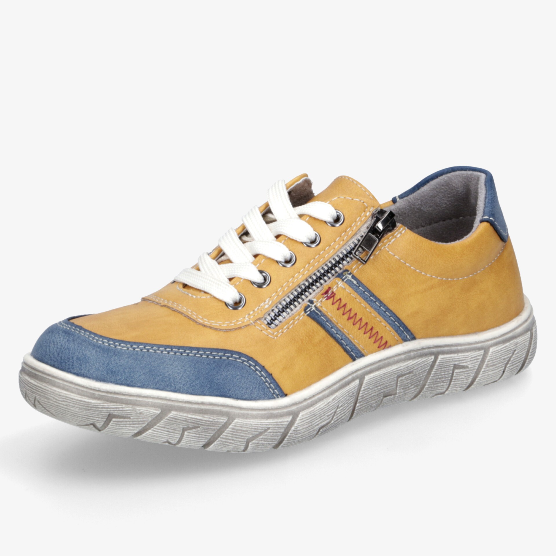 Sportlich moderner Freizeitschuh in Gelb und Blau mit Reißverschluss, Schnürung und rutschfester Profilsohle