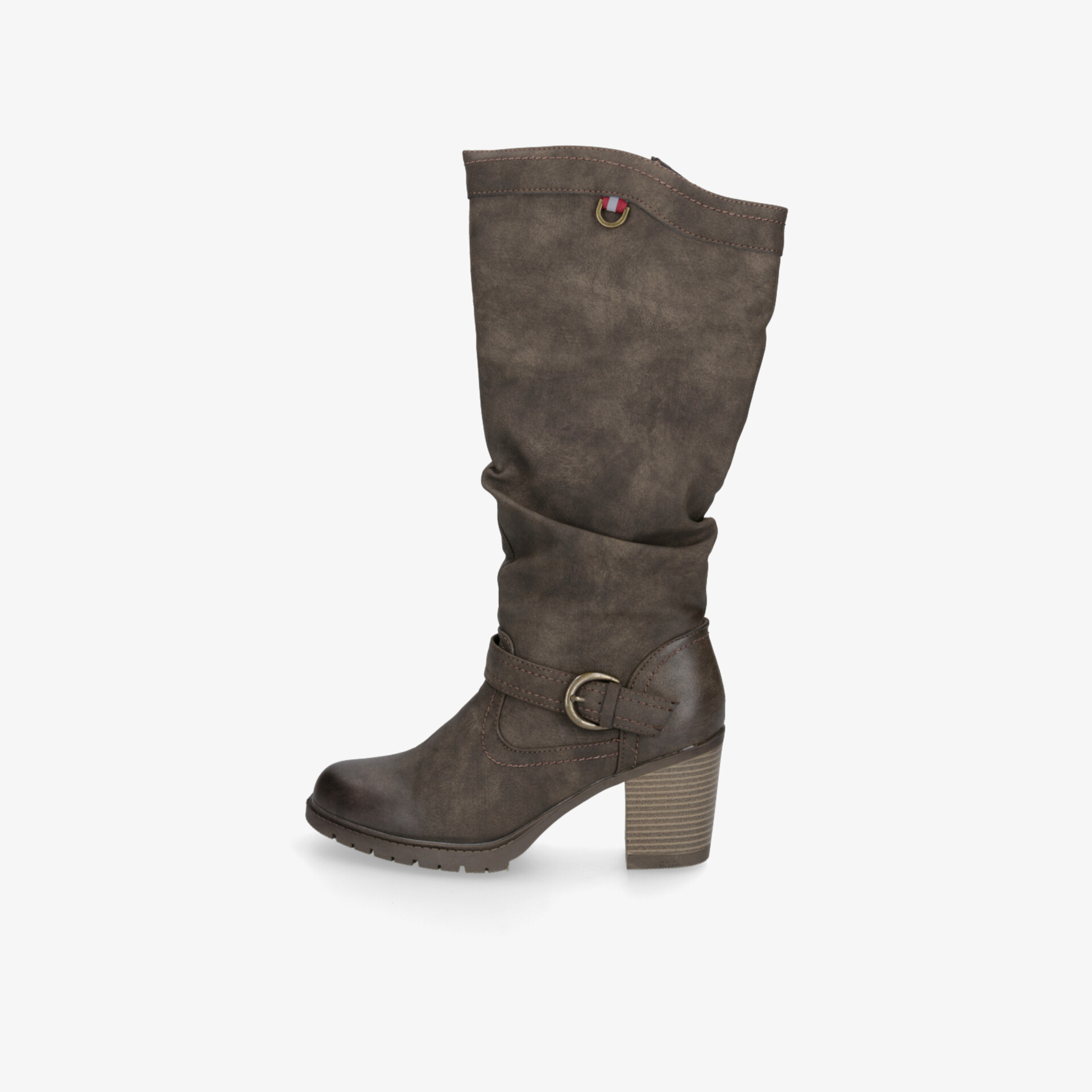 Eleganter brauner Stiefel mit Blockabsatz und dekorativer Schnalle, perfekt für modische Outfits.