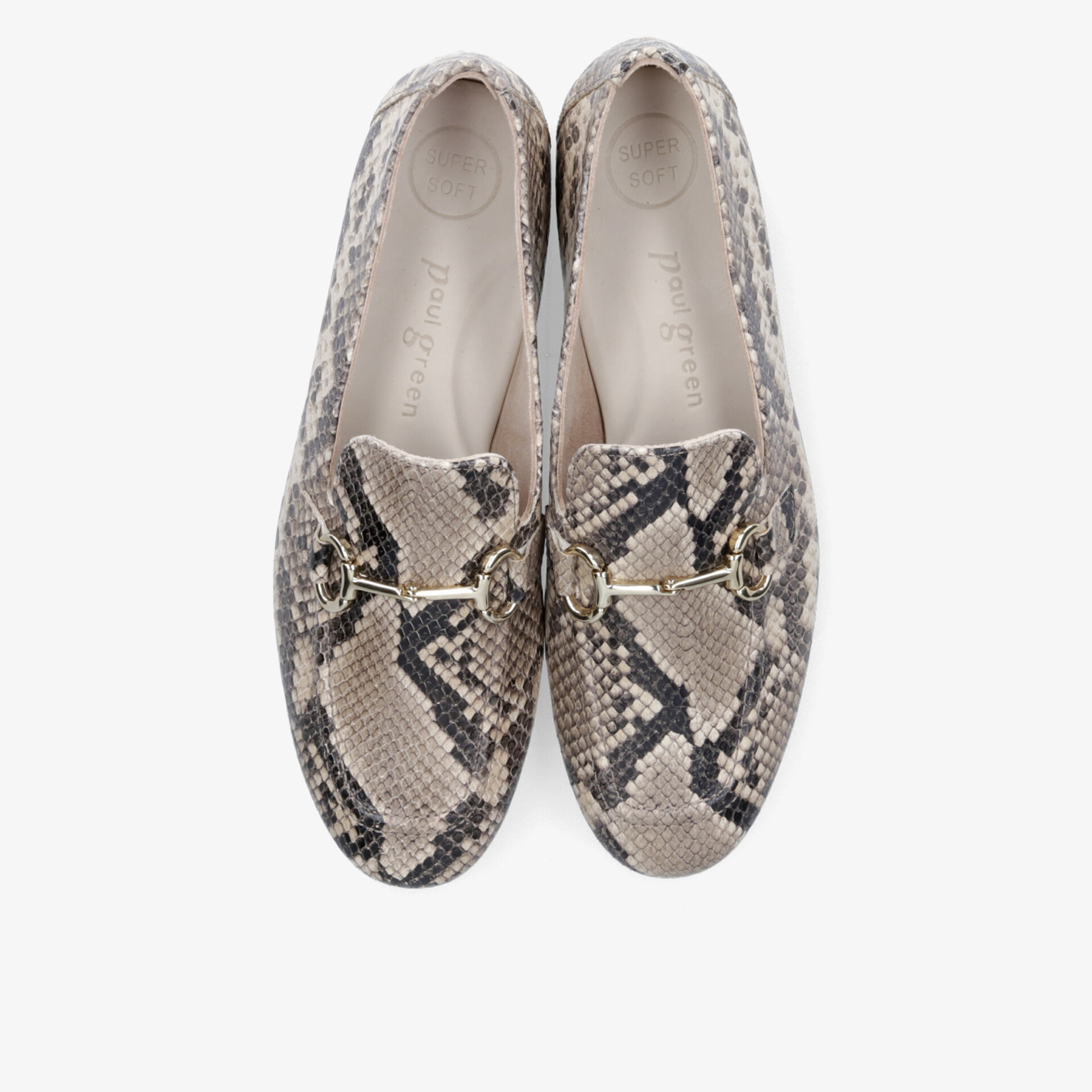 Modische Loafer mit luxuriösem Schlangenmuster und goldenen Details, stilvoll und hochwertig verarbeitet.