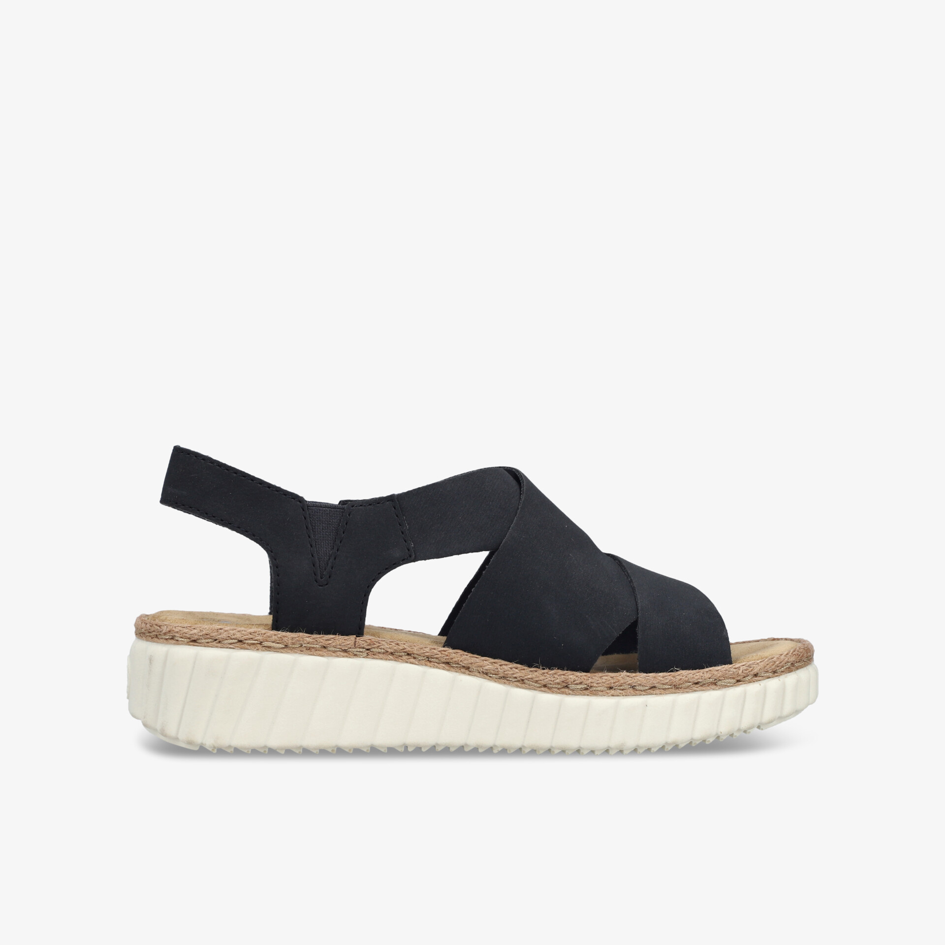 Bequeme schwarze Sandale mit elastischen Riemen, gepolsterter Innensohle und rutschfester weißer Profilsohle, seitliche Ansicht