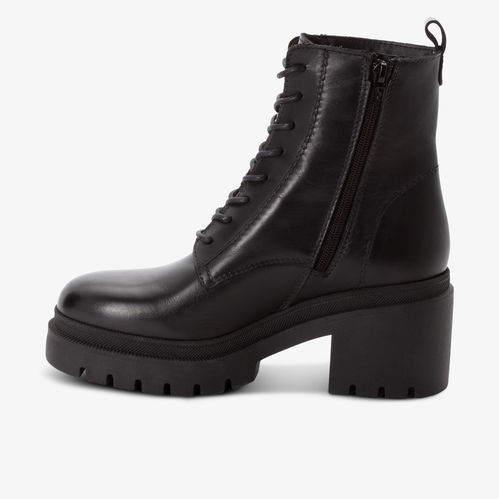 Schwarzer Stiefel mit hohem Blockabsatz, robuster Profilsohle, seitlichem Reißverschluss und modischer Schnürung