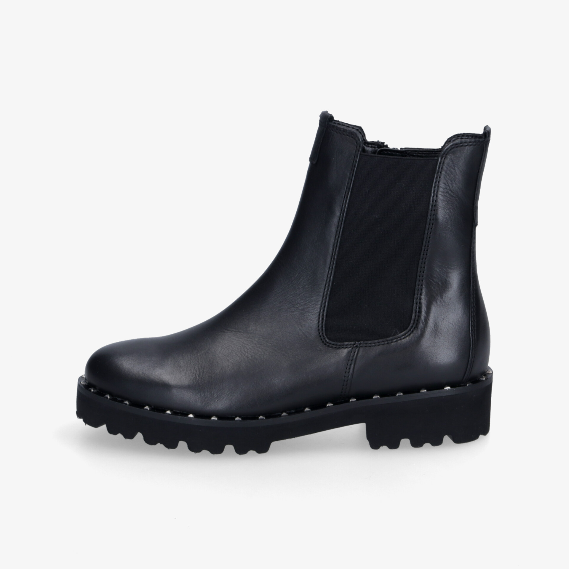 Schwarzer robuster Stiefel mit rutschfester Sohle und elastischen Einsätzen für optimalen Tragekomfort