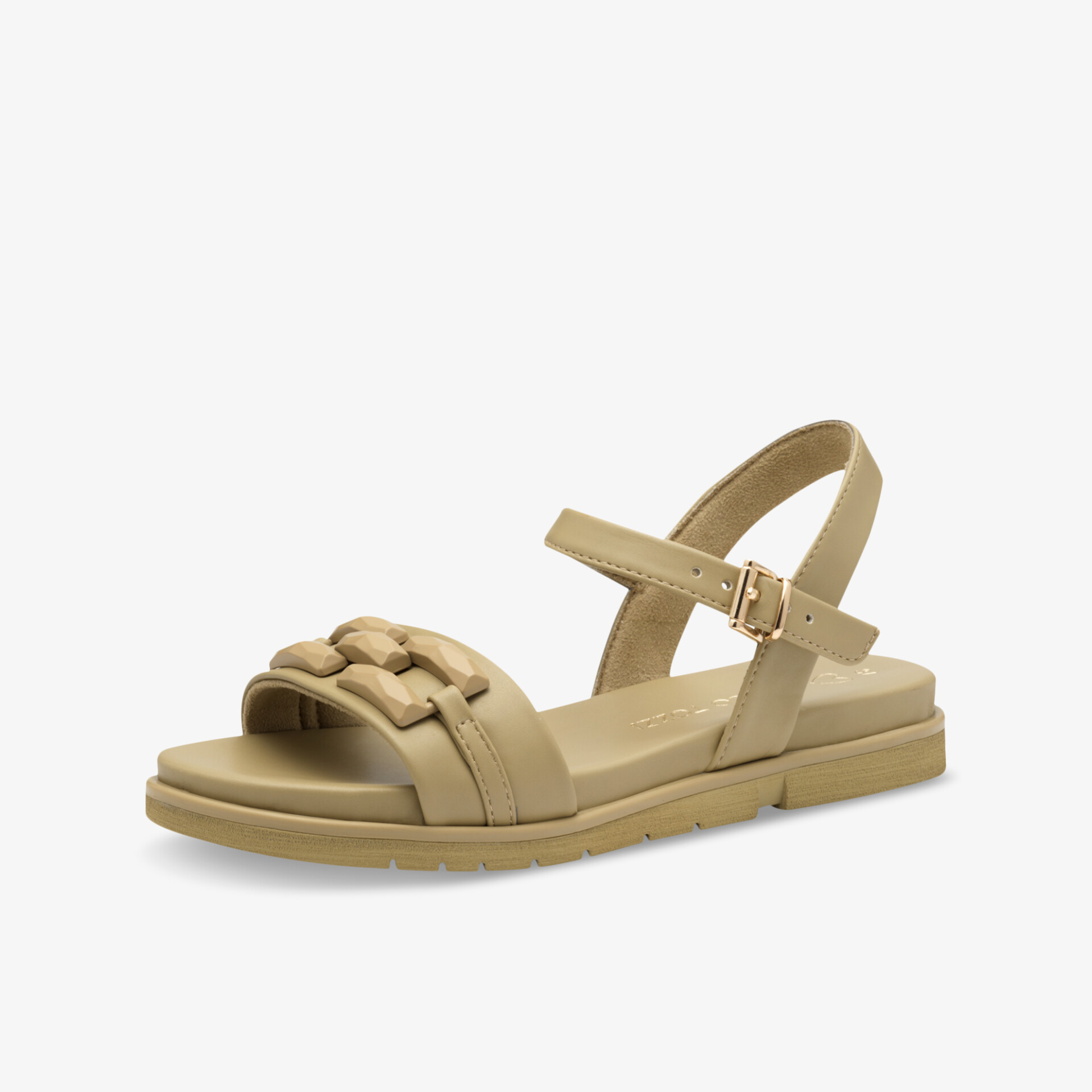 Beige Sandale mit verstellbarem Riemen und gepolsterter Komfortsohle, flach und leicht für angenehmes Tragegefühl