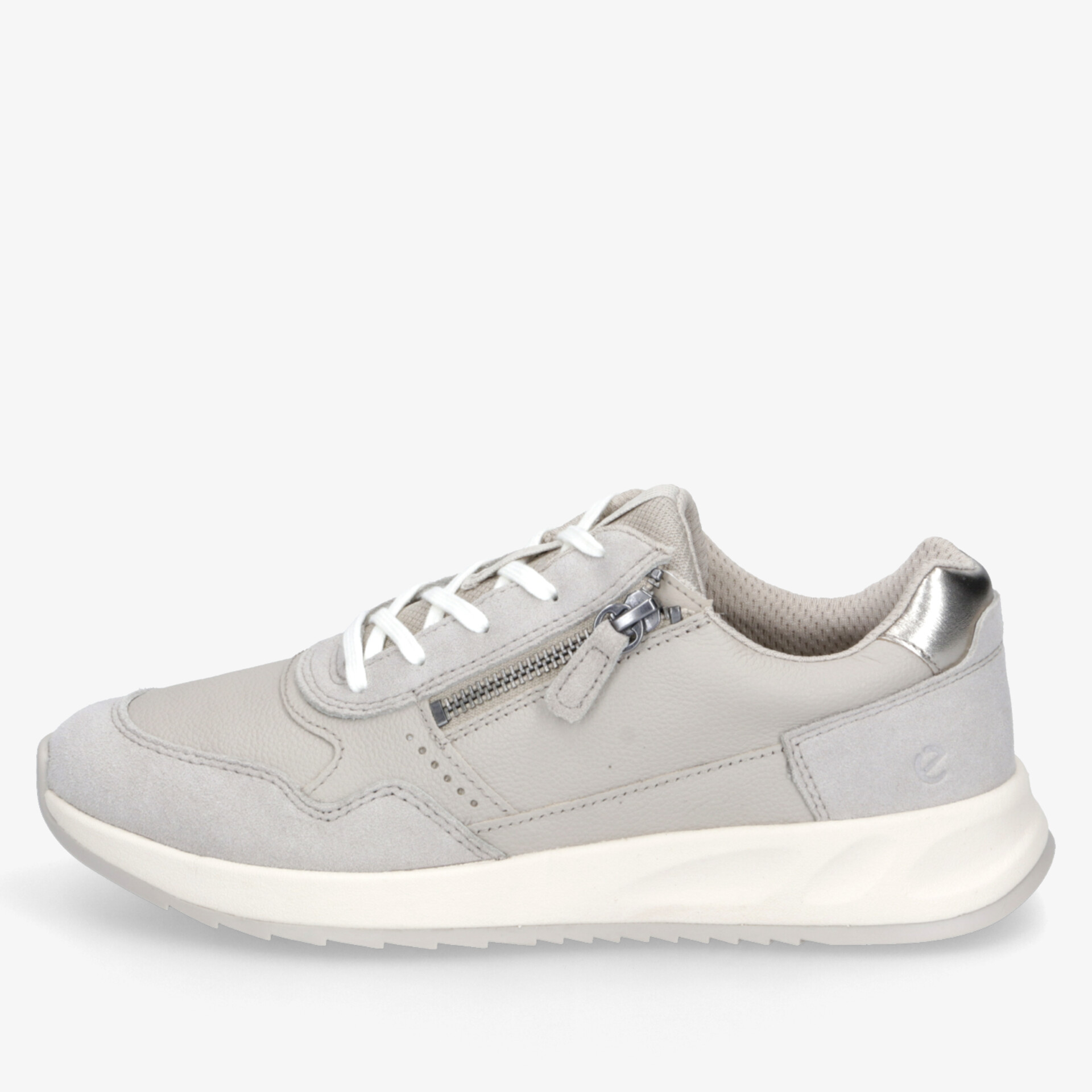 Sportlicher grauer Sneakerschuh mit weißer Sohle, Reißverschluss und Schnürung, komfortabel und flexibel
