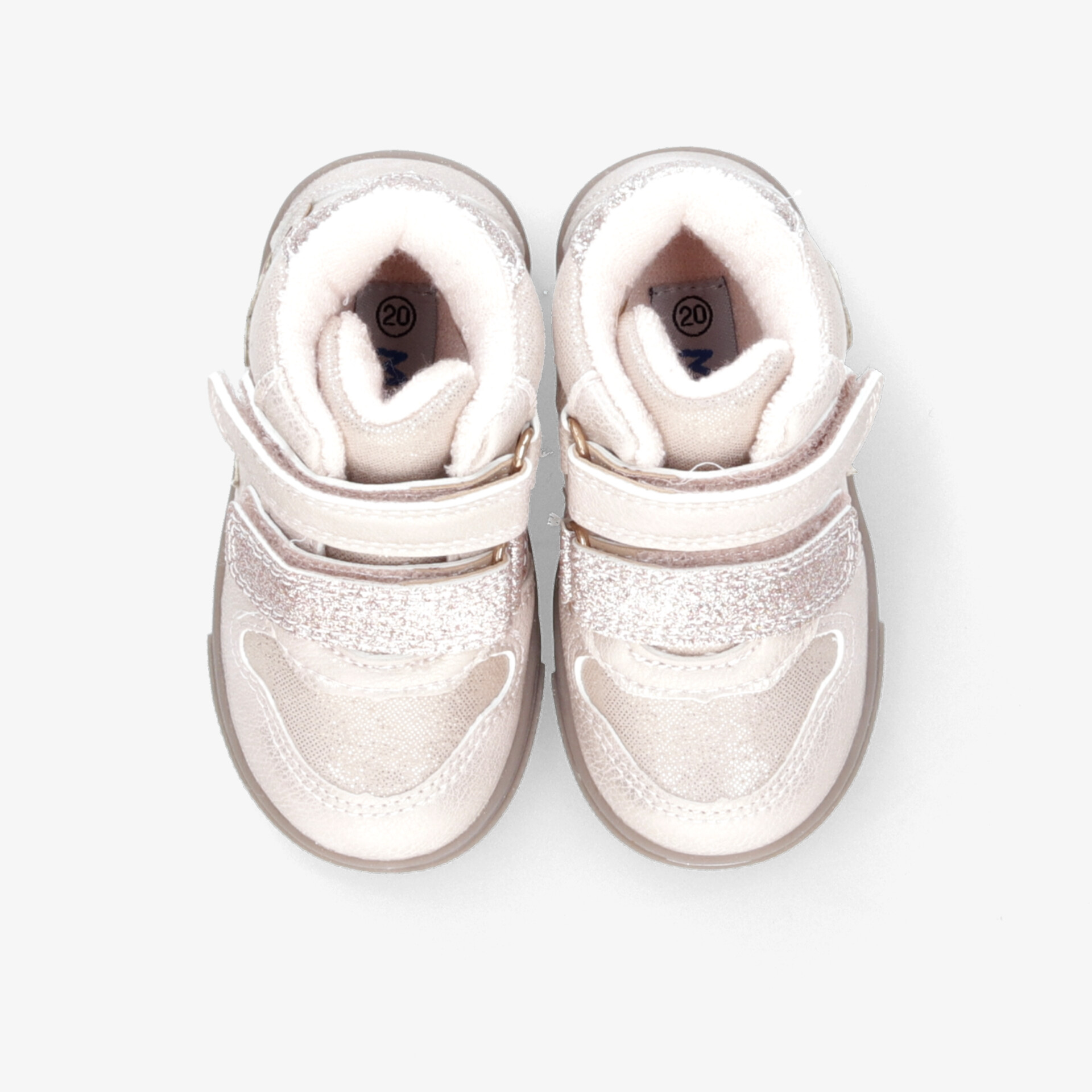 Hellrosa Kinder-Sneaker mit Klettverschluss, bequem gepolstert und rutschfester Sohle, Paaransicht von oben