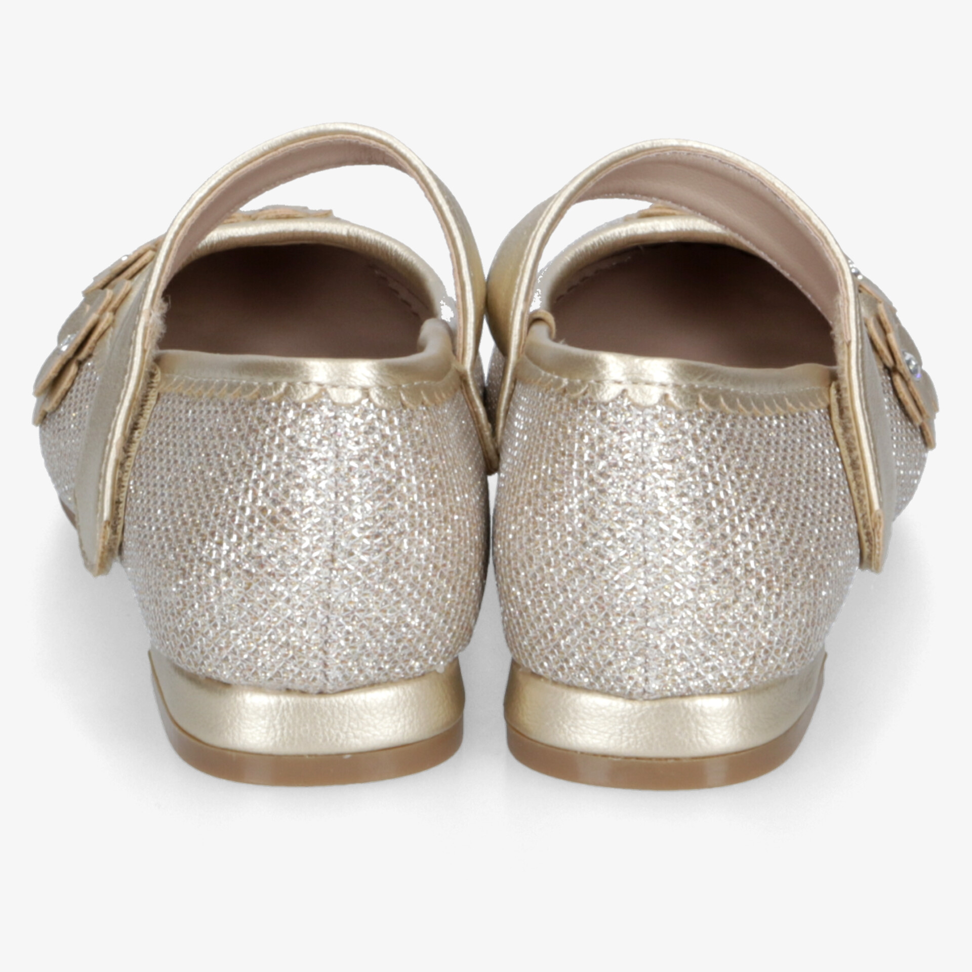 Elegante goldfarbene Sandalen mit schimmernden Glitzerelementen, bequemen Riemen und leichtem Absatz, Rückansicht