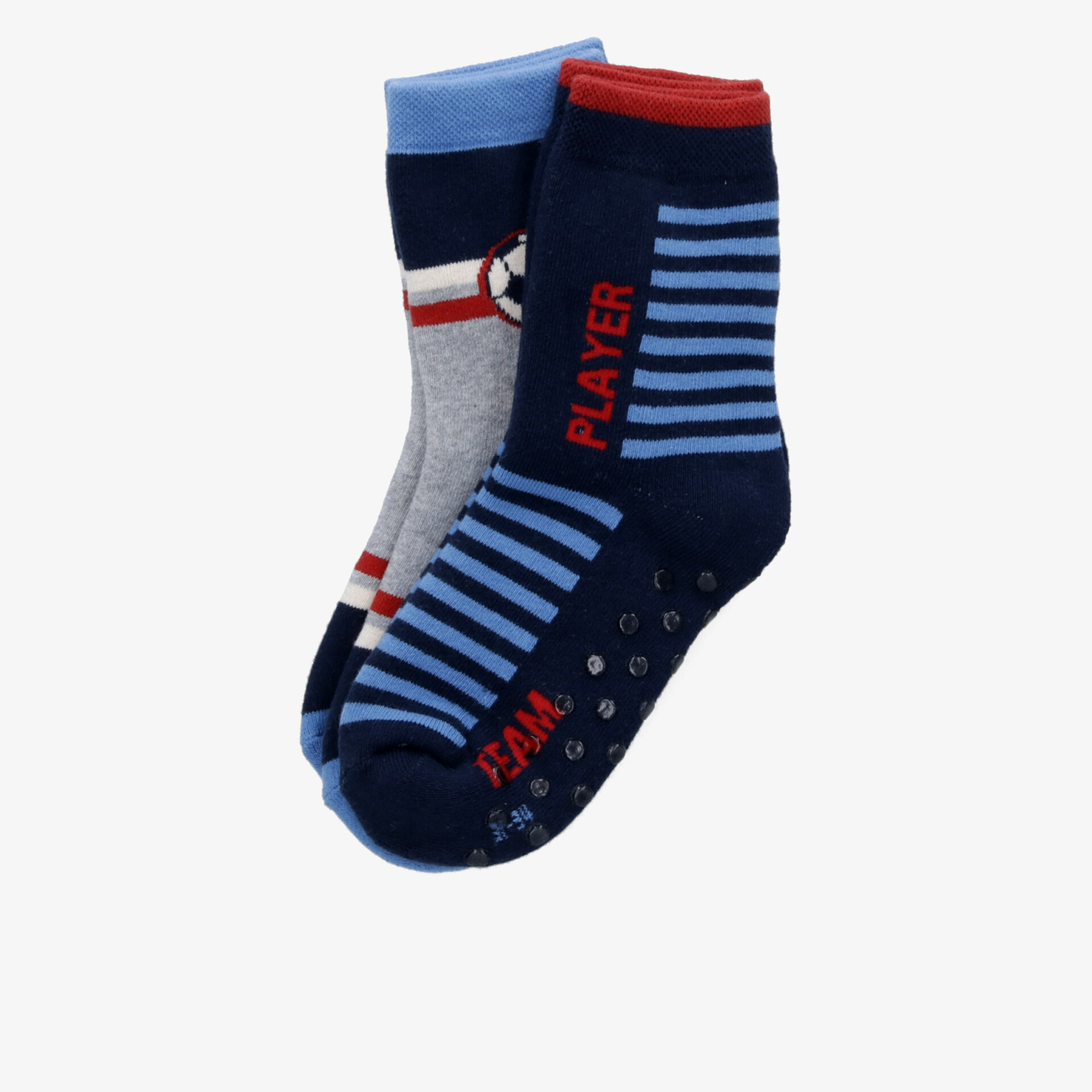 Knöchellange Rutschsocken im Paar mit Streifenmuster, rutschfester Sohle und bequemem Tragekomfort in Blau und Rot