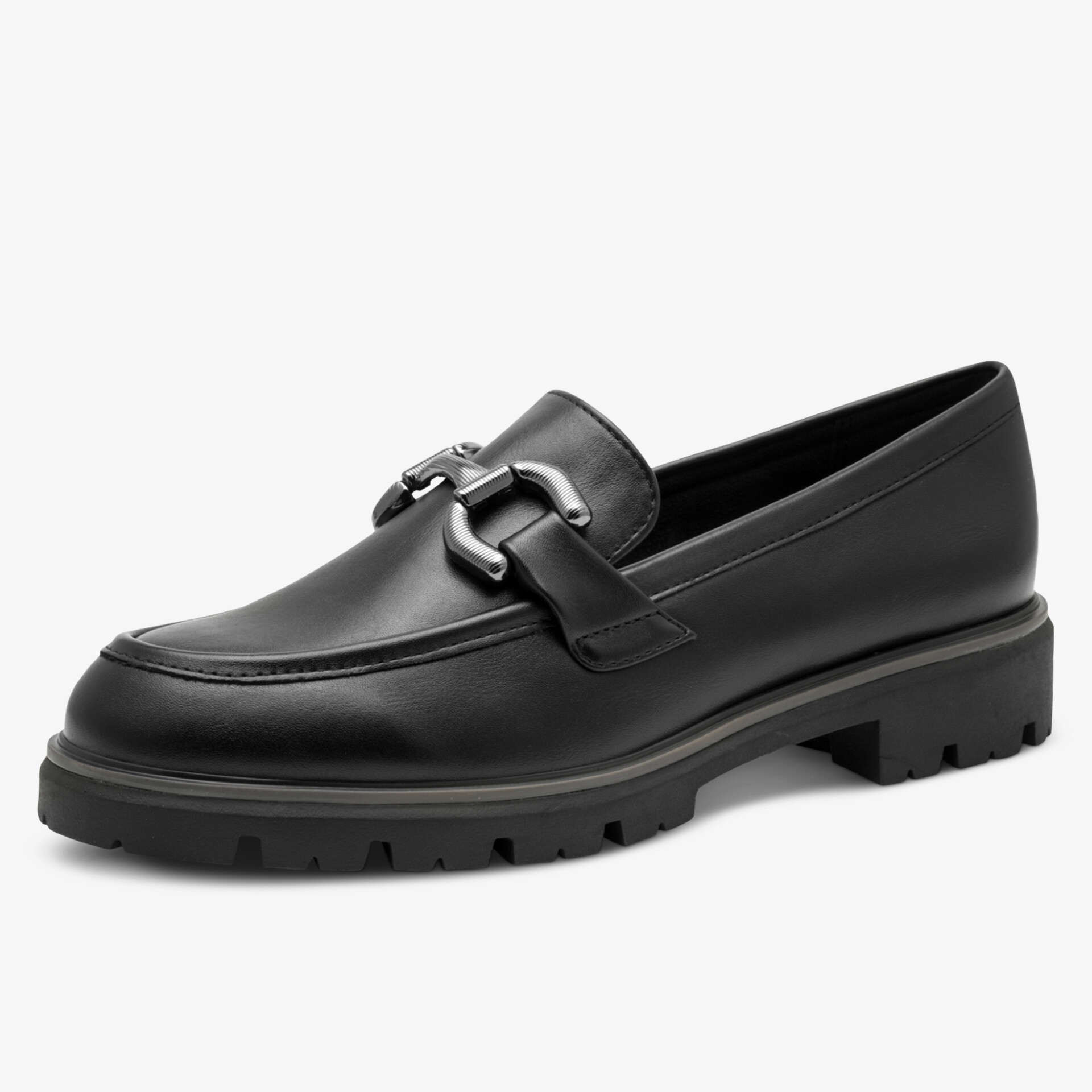 Eleganter schwarzer Loafer mit Metall-Detail und profilierter Sohle für robusten Komfort