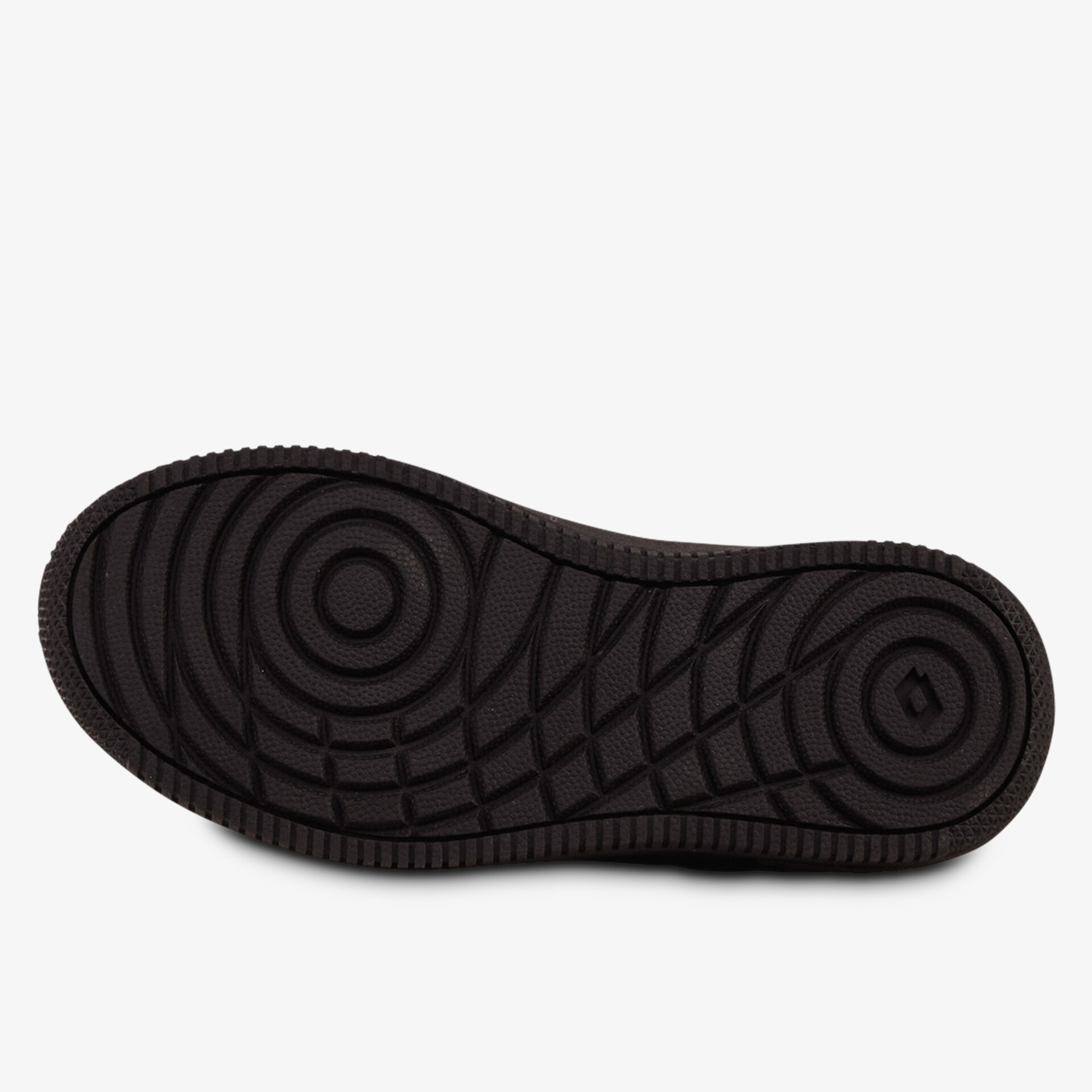 Robuste schwarze Schuhsohle mit rutschfestem Profil und runden Mustern für optimale Bodenhaftung