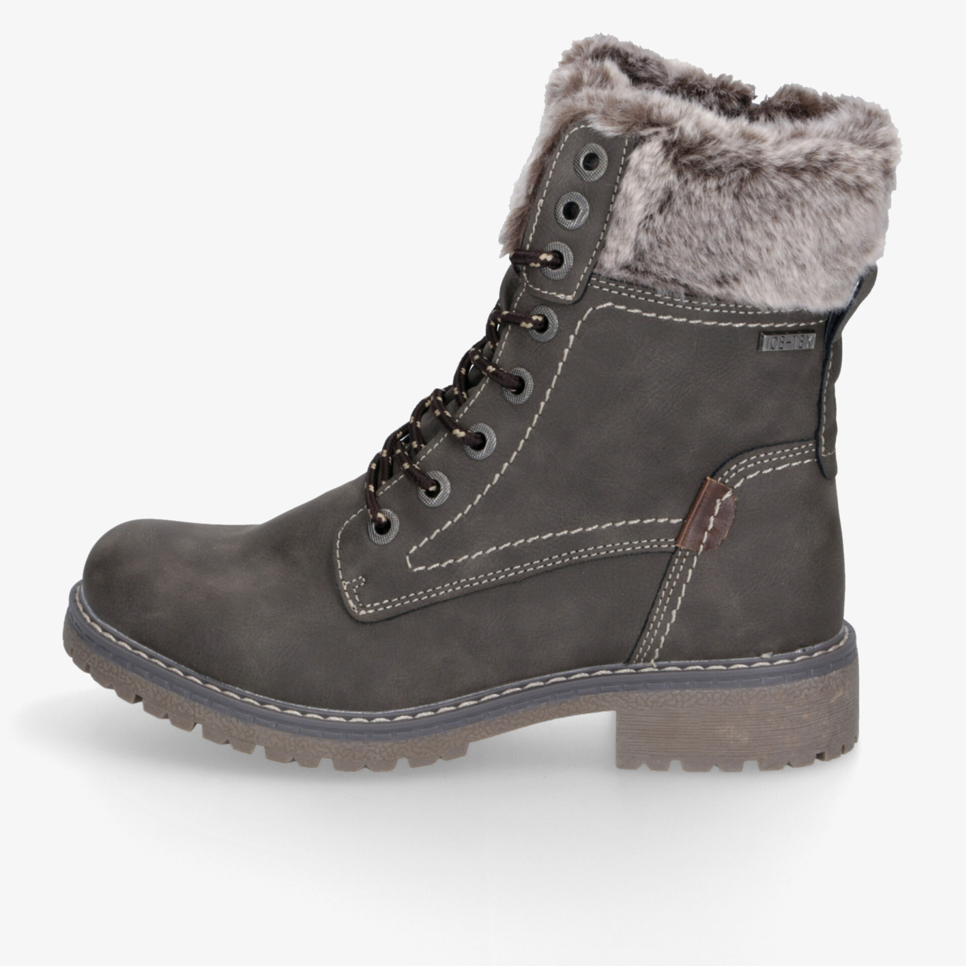 Robuster grauer Winterstiefel mit warmem Fellfutter und schnürbarer Passform für hohen Tragekomfort