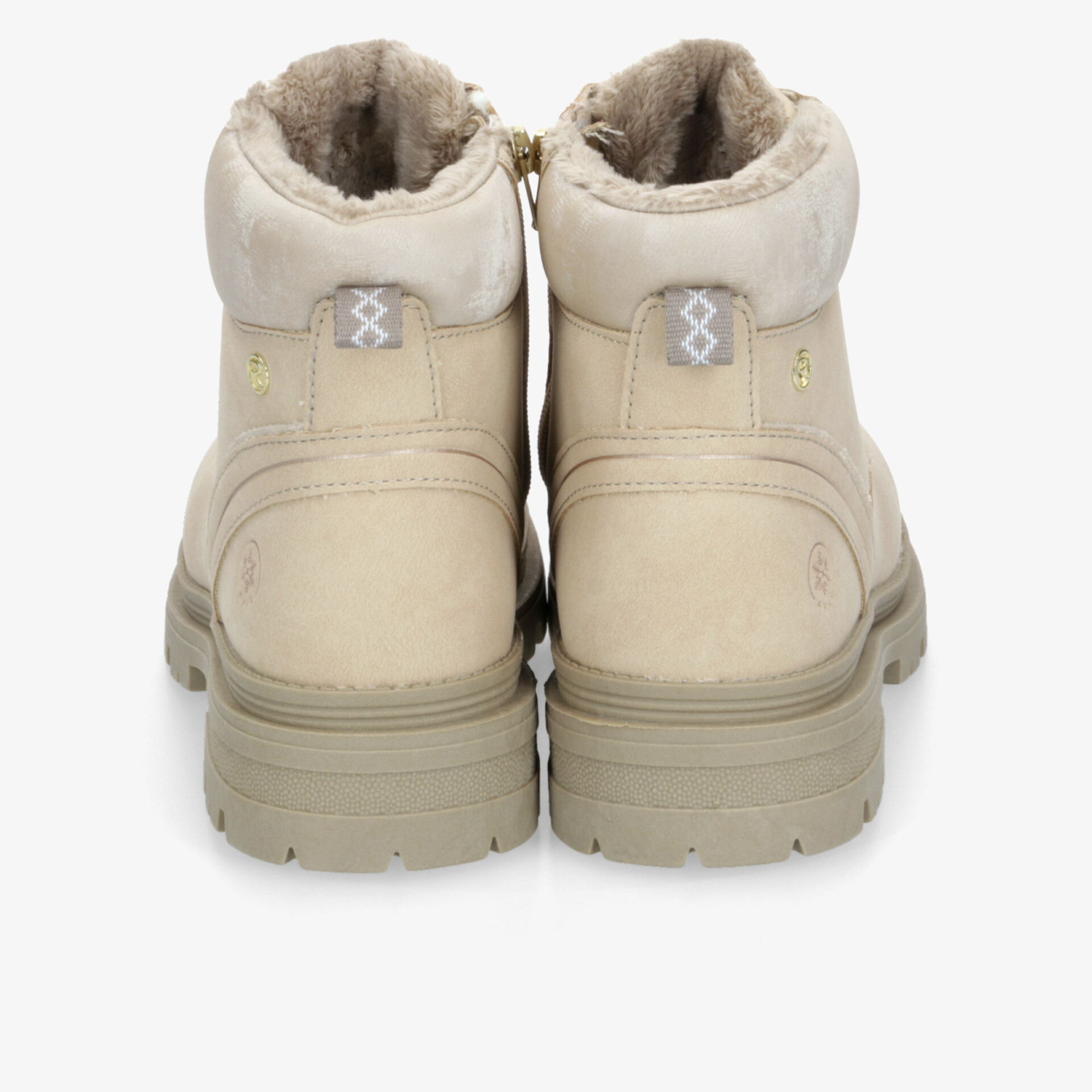Beige Winterstiefel mit warmer Fellfütterung, robustem Design, Reißverschluss und rutschfester Sohle, Rückansicht