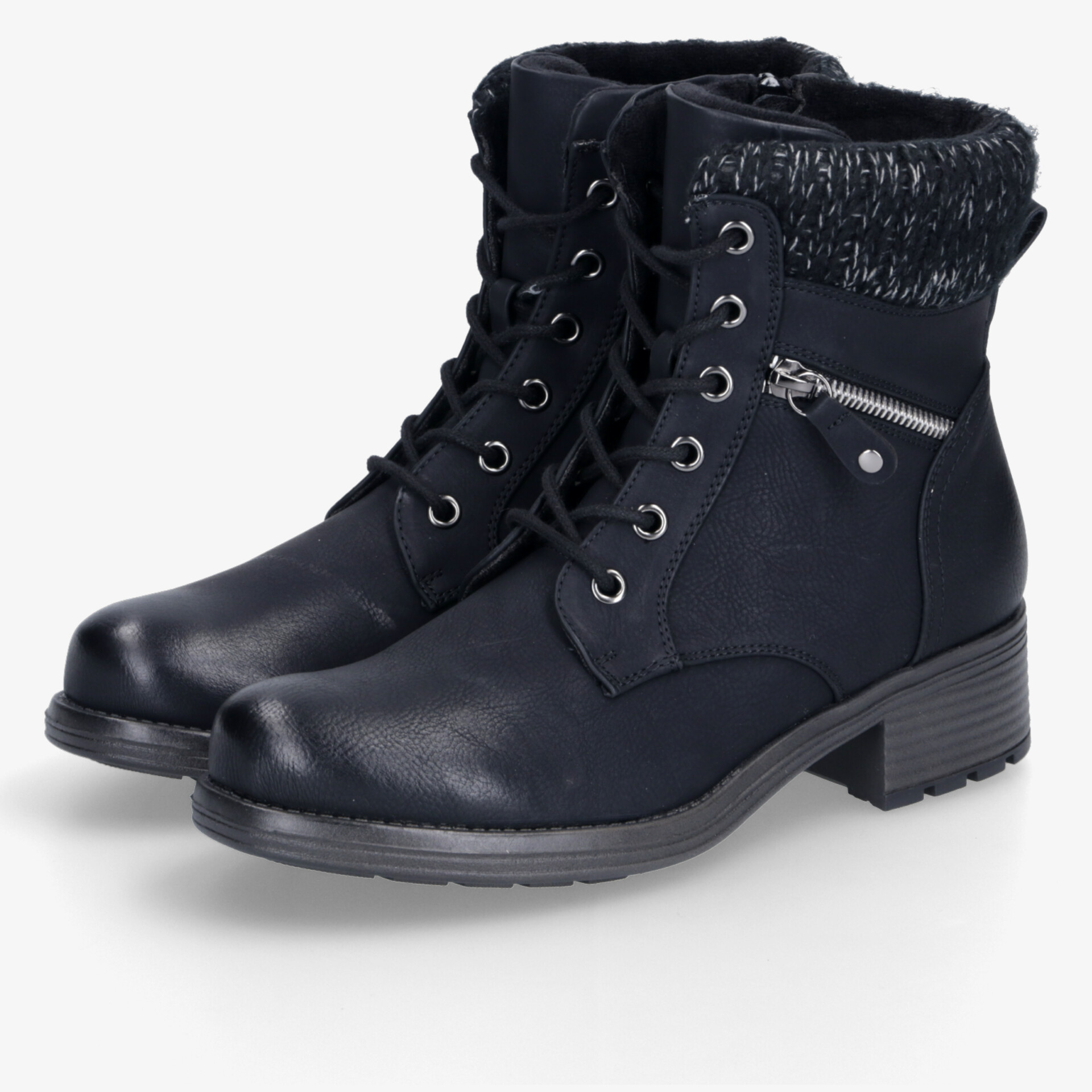 Schwarze Schnürboots mit Reißverschluss und Warmfutter, robust und modisch, ideal für kühles Wetter.