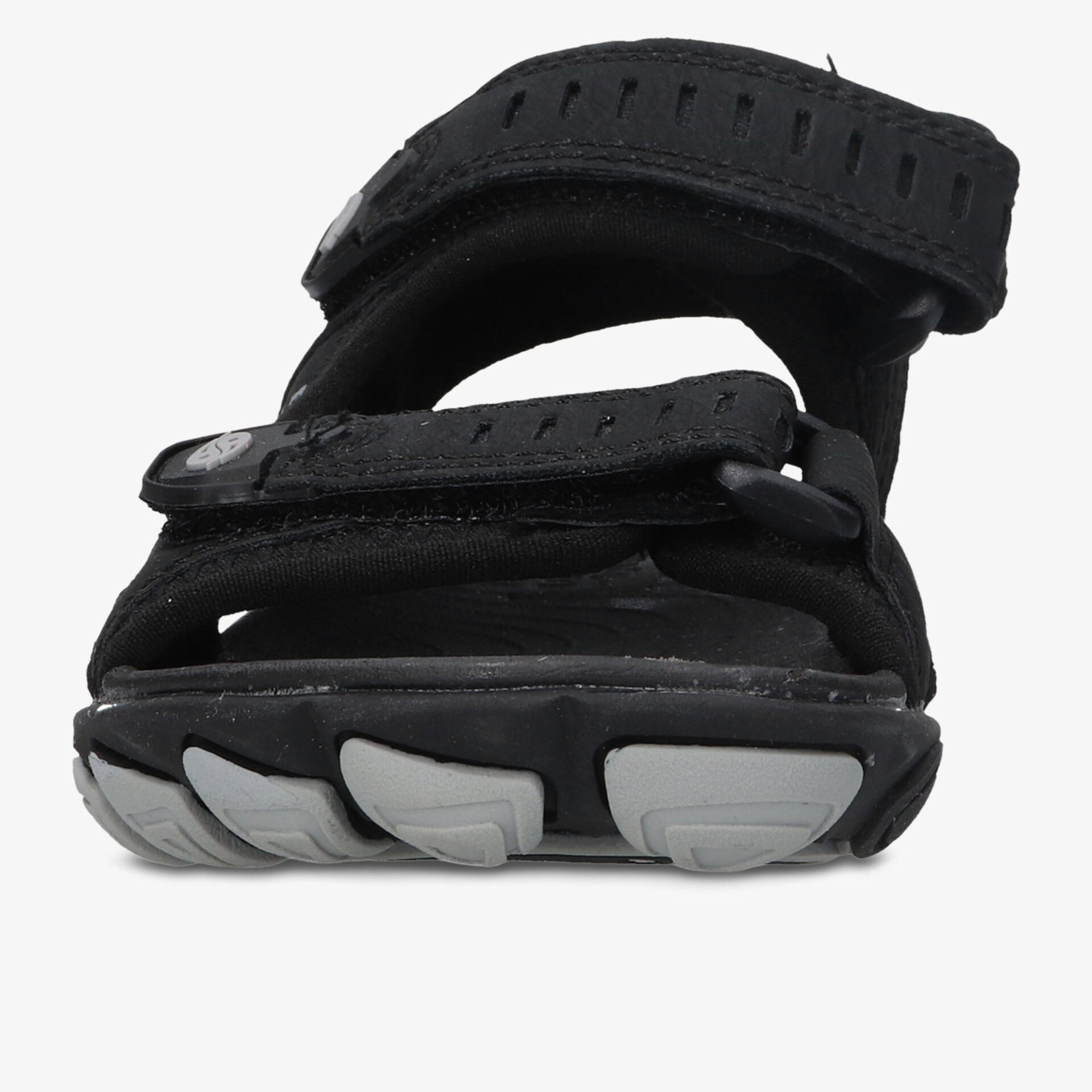 Komfortable schwarze Sandale mit verstellbaren Klettverschlüssen und flexibler, rutschfester Sohle frontal