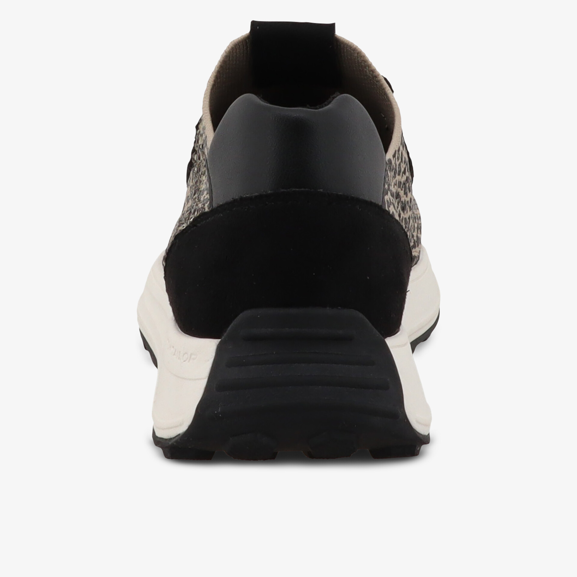 Schwarzer Sportschuh mit weißer rutschfester Sohle, robuster Fersenteil und modernem Design von hinten