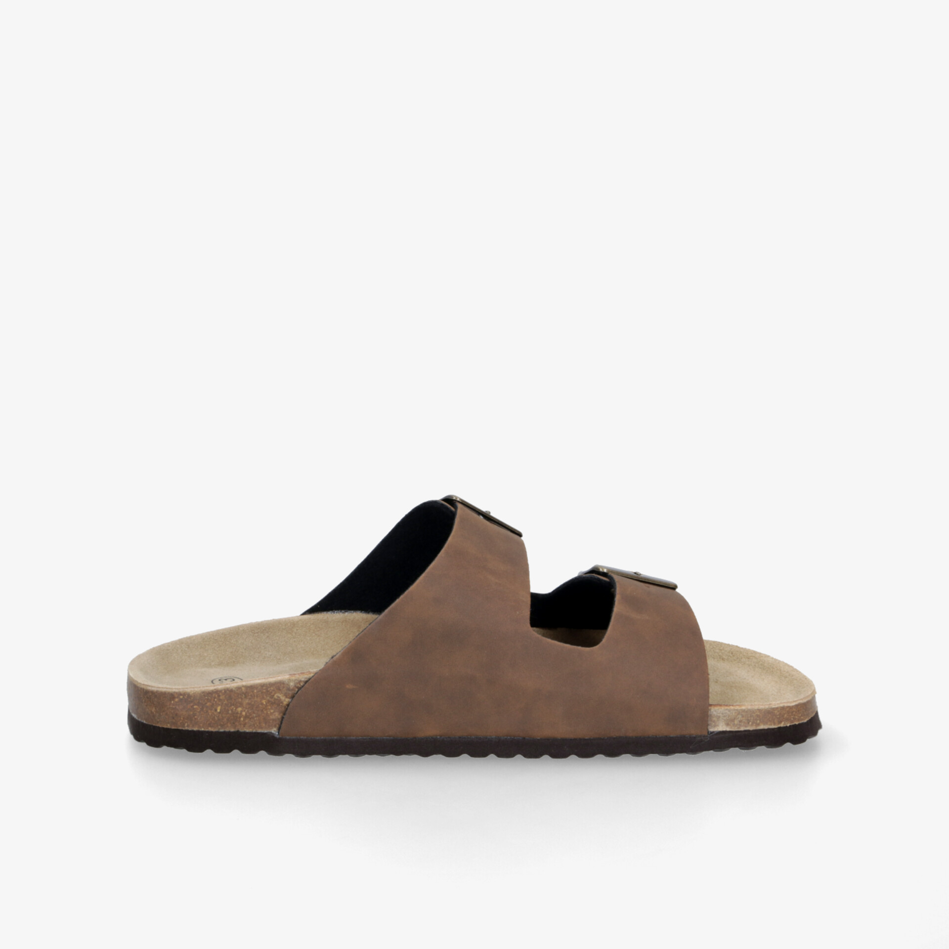 Seitliche Ansicht eines braunen Pantoffels mit weichem Fußbett und rutschfester Sohle für hohen Tragekomfort