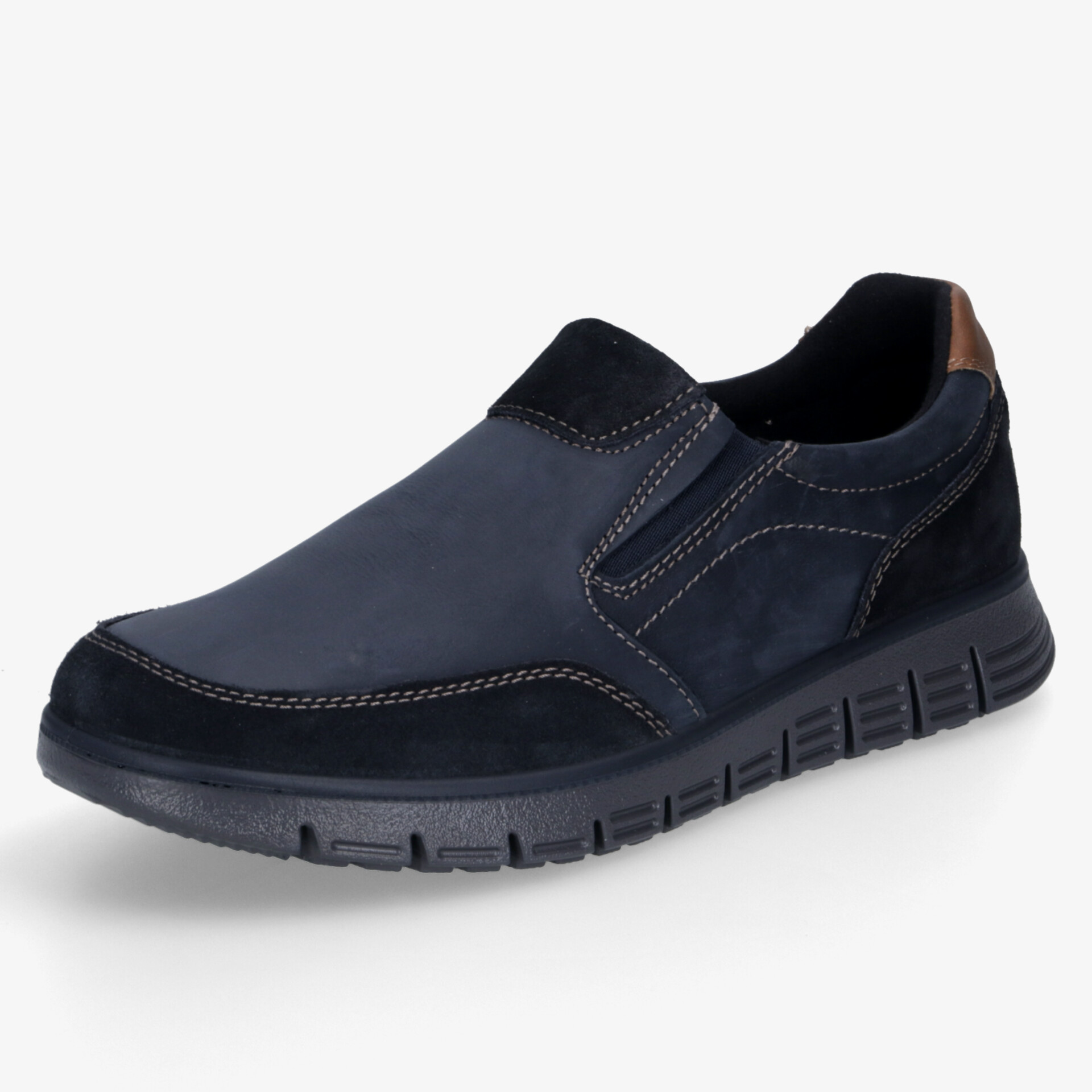 Schwarzer sportlicher Sneaker mit flexibler, rutschfester Sohle und bequemer Passform, seitliche Ansicht