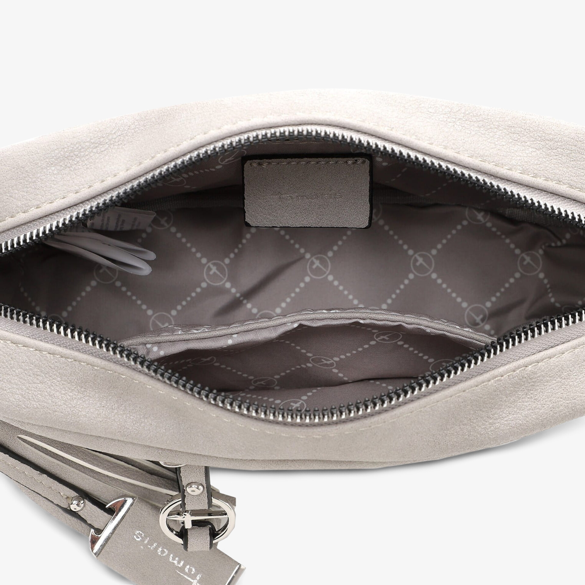 Innenansicht mit grauem Innenfutter und Reißverschluss, zeigt praktische Innenfächer und stabile Verarbeitung