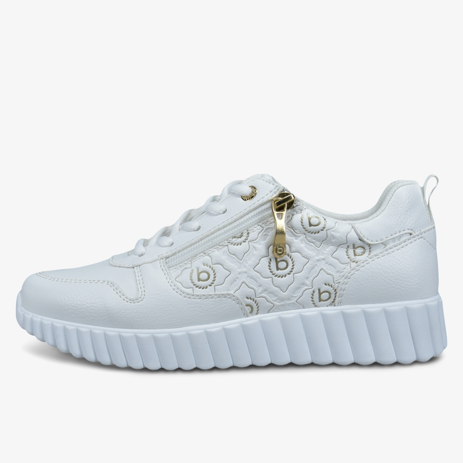 Weißer Sneaker mit strukturiertem Design und goldfarbenem Reißverschluss. Modischer Look und bequeme Sohle.