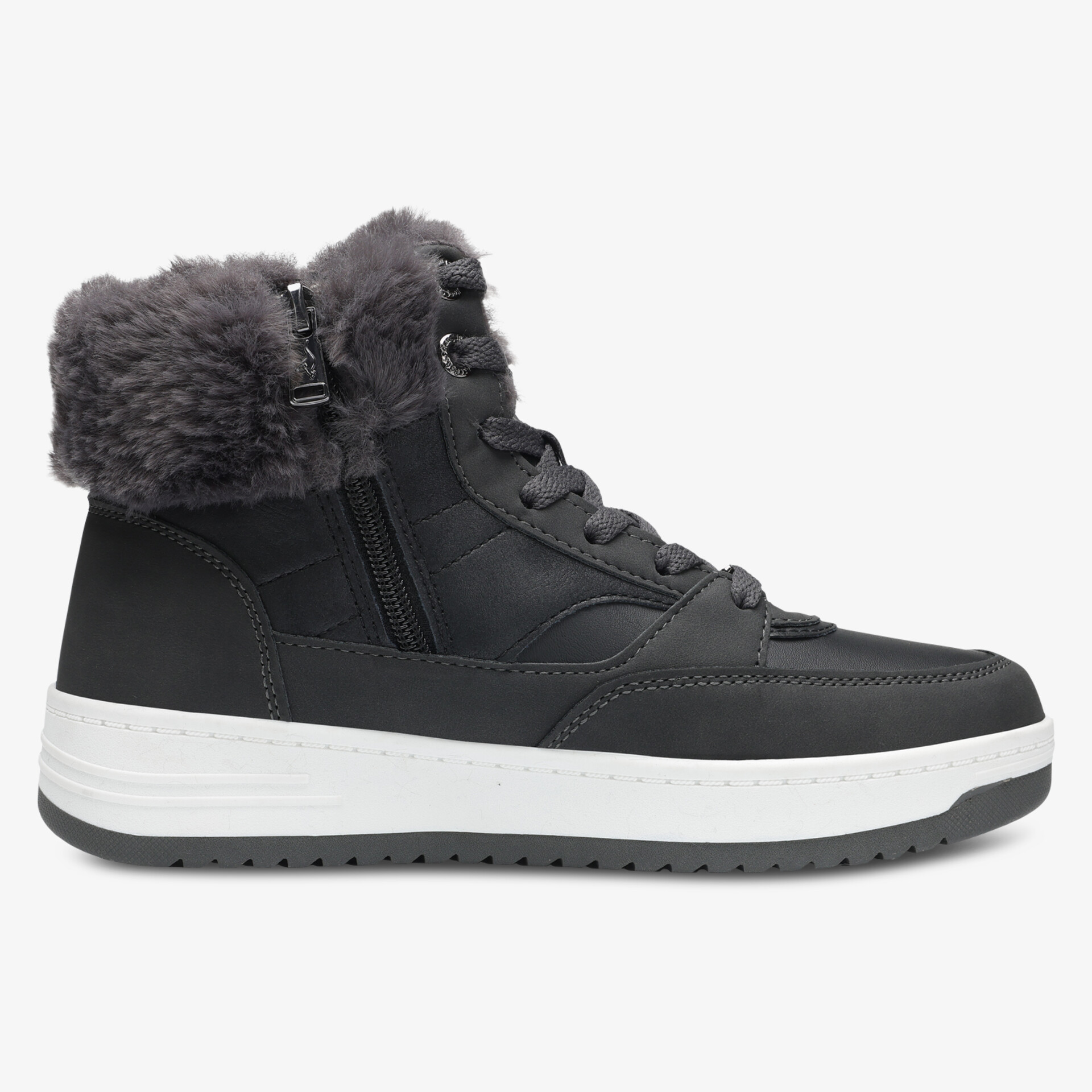 Seitliche Ansicht eines warm gefütterten, wasserabweisenden Boots mit Reißverschluss und rutschfester Sohle