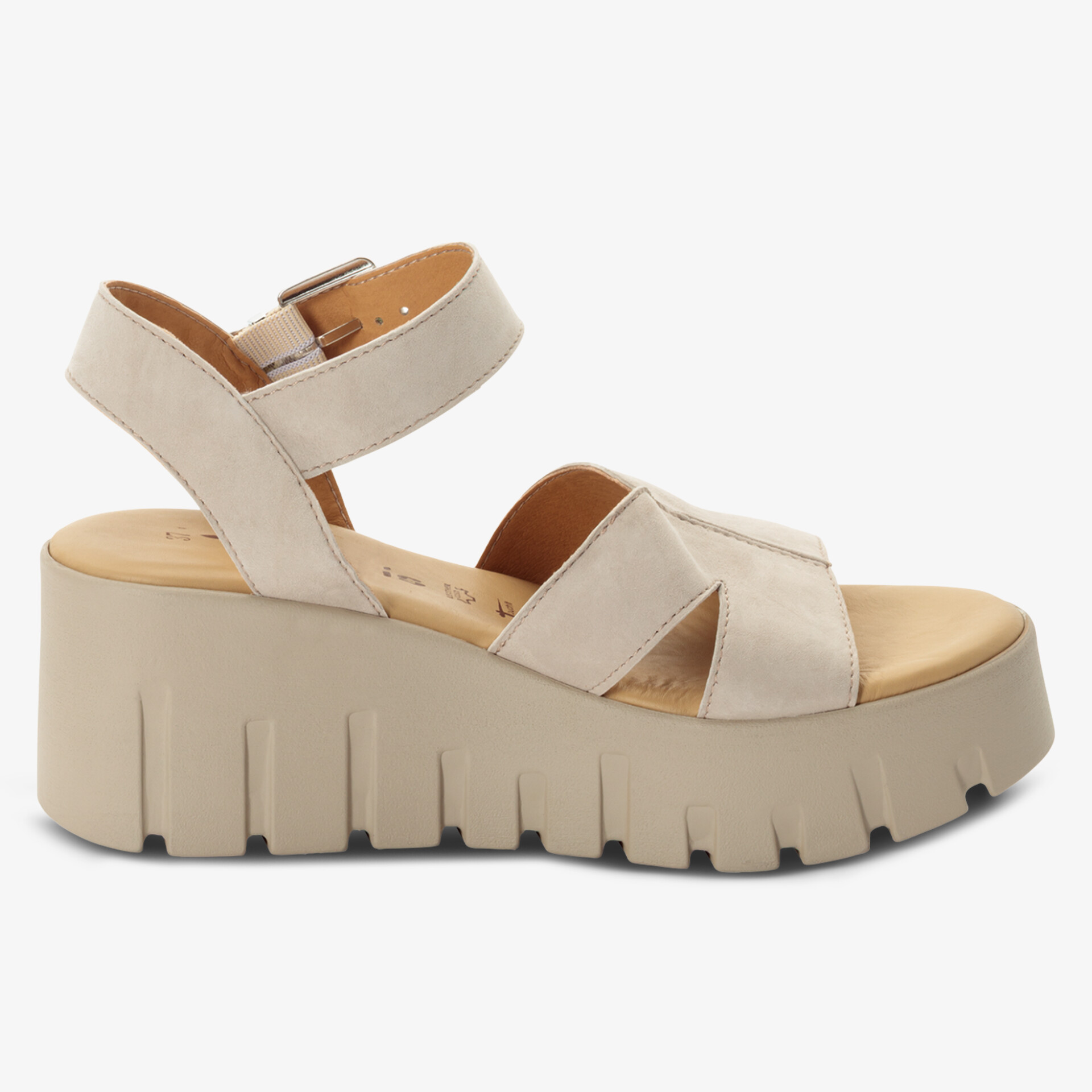 Bequeme Sandalen mit dickem Plateauabsatz und gepolstertem Fußbett in hellbeiger Farbe