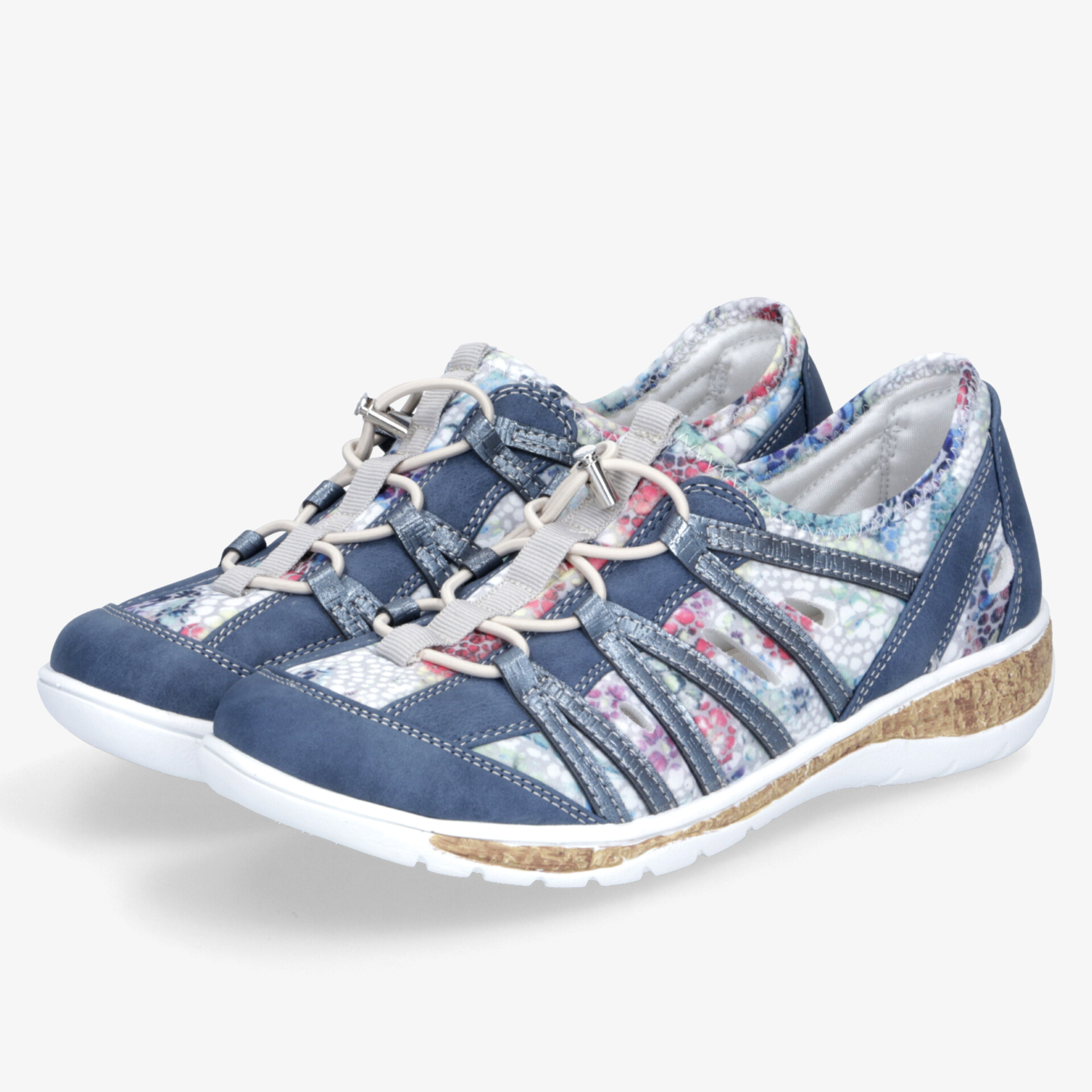 Sportliche blaue und weiße Sneaker im Paar mit flexiblem Sohlenprofil und atmungsaktivem Material