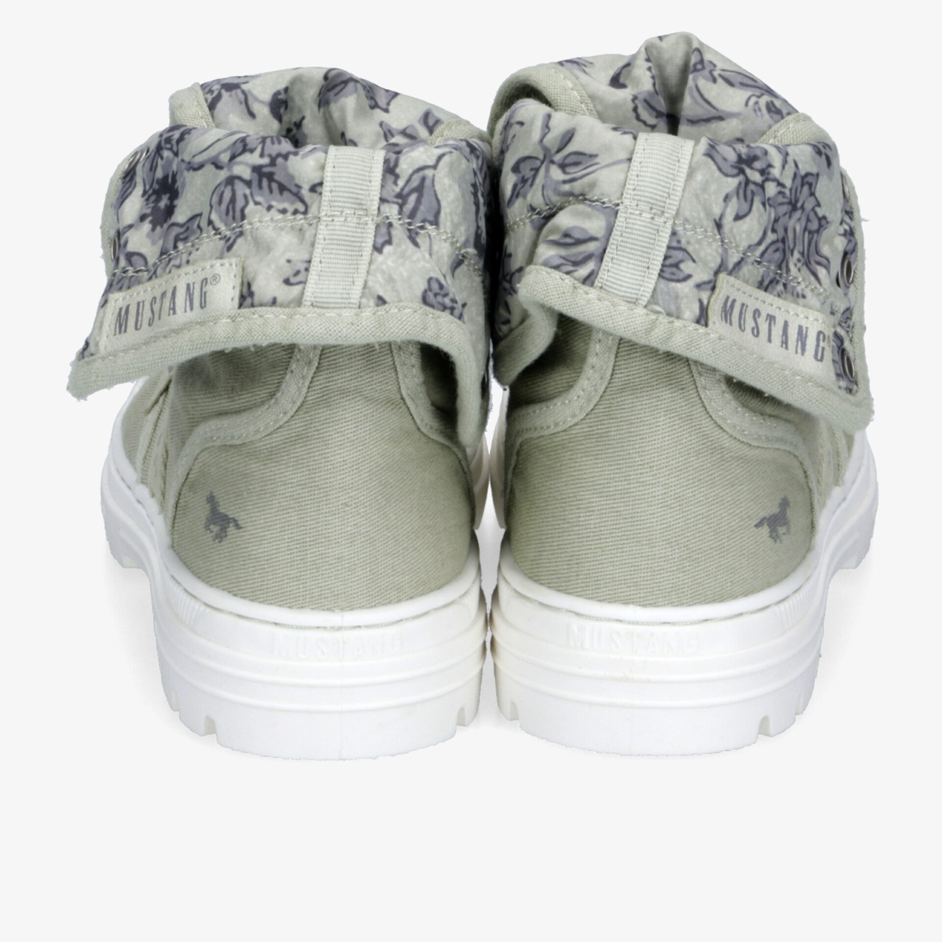 Rückansicht faltbarer grauer Sneaker mit weißer Sohle und floral gemustertem Innenschaft, komfortabel und modern