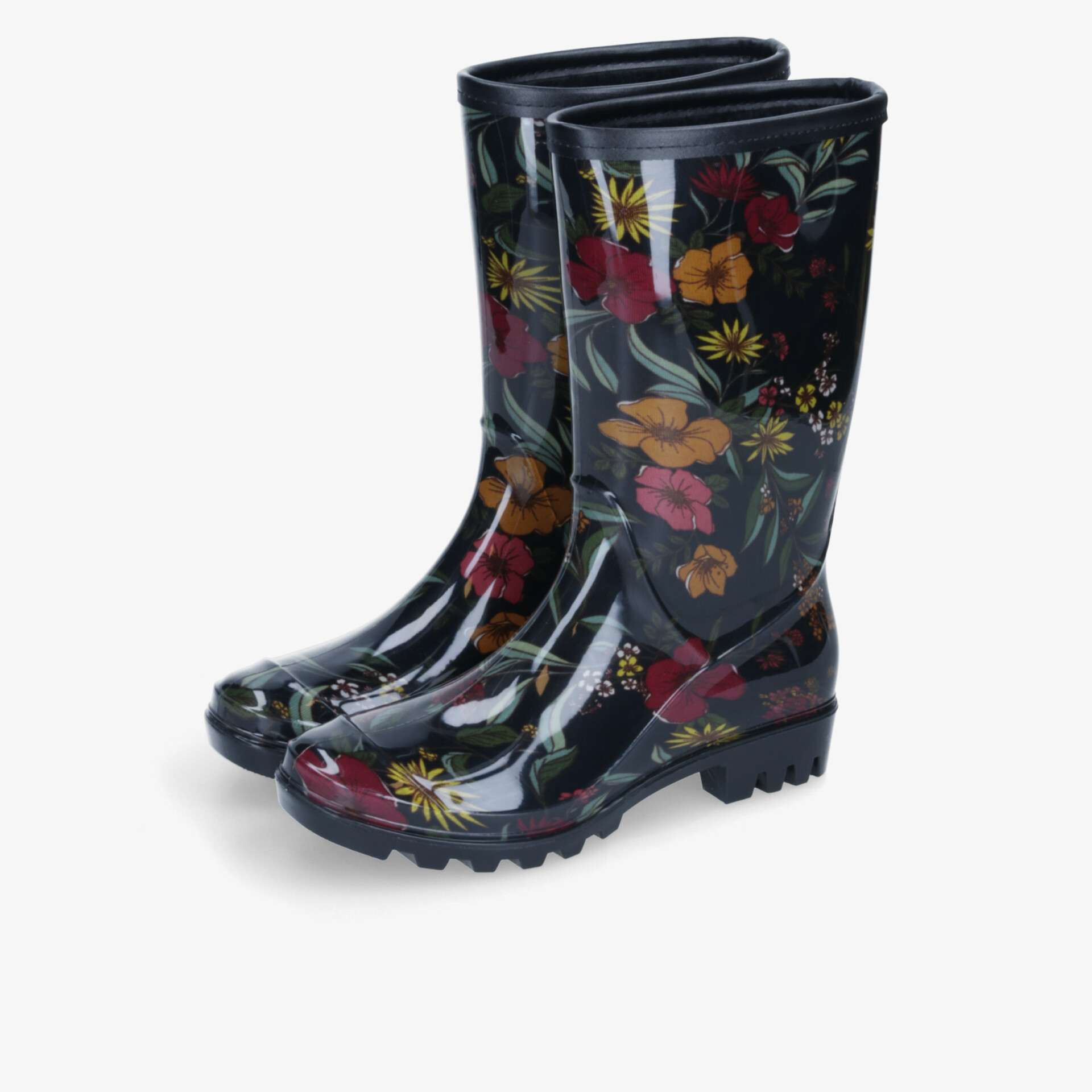 Florale Gummistiefel mit rutschfesten Sohlen, ideal für regnerische Tage. Modisches und robustes Design.