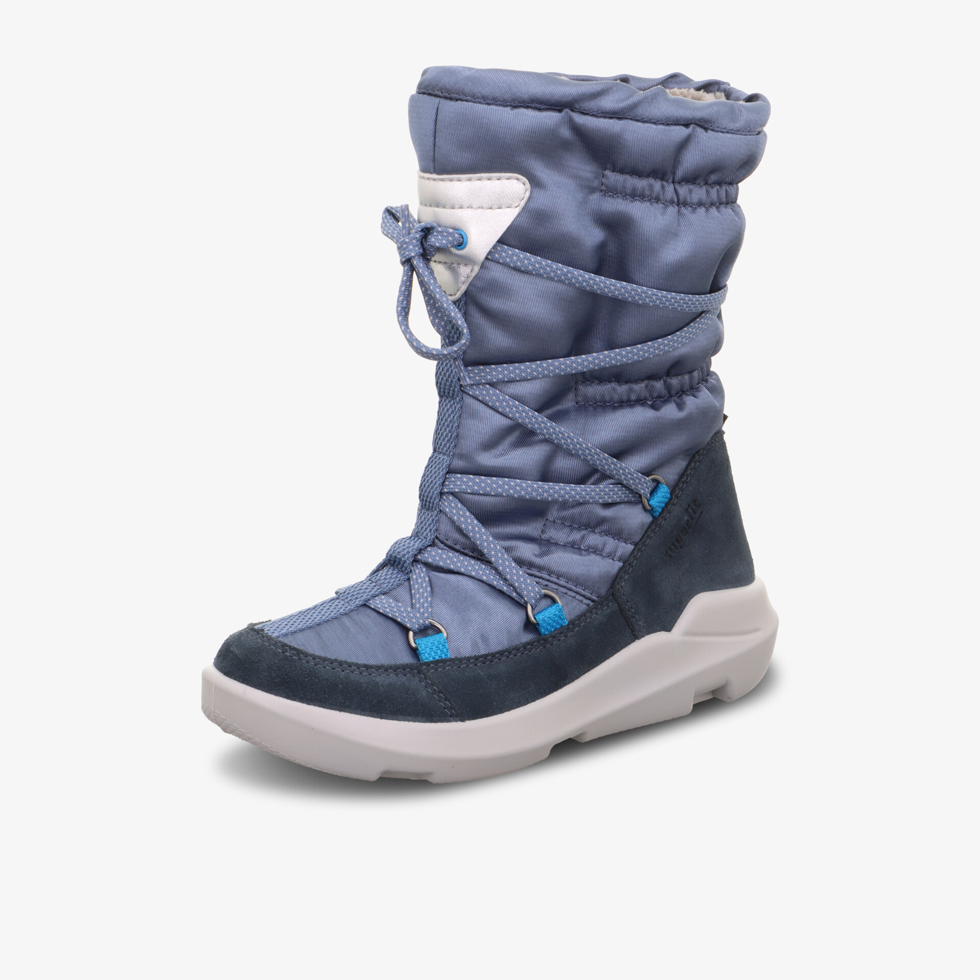 Wasserdichter blauer Winterstiefel mit hoher Isolierung und robuster Sohle, ideal für kalte Tage.