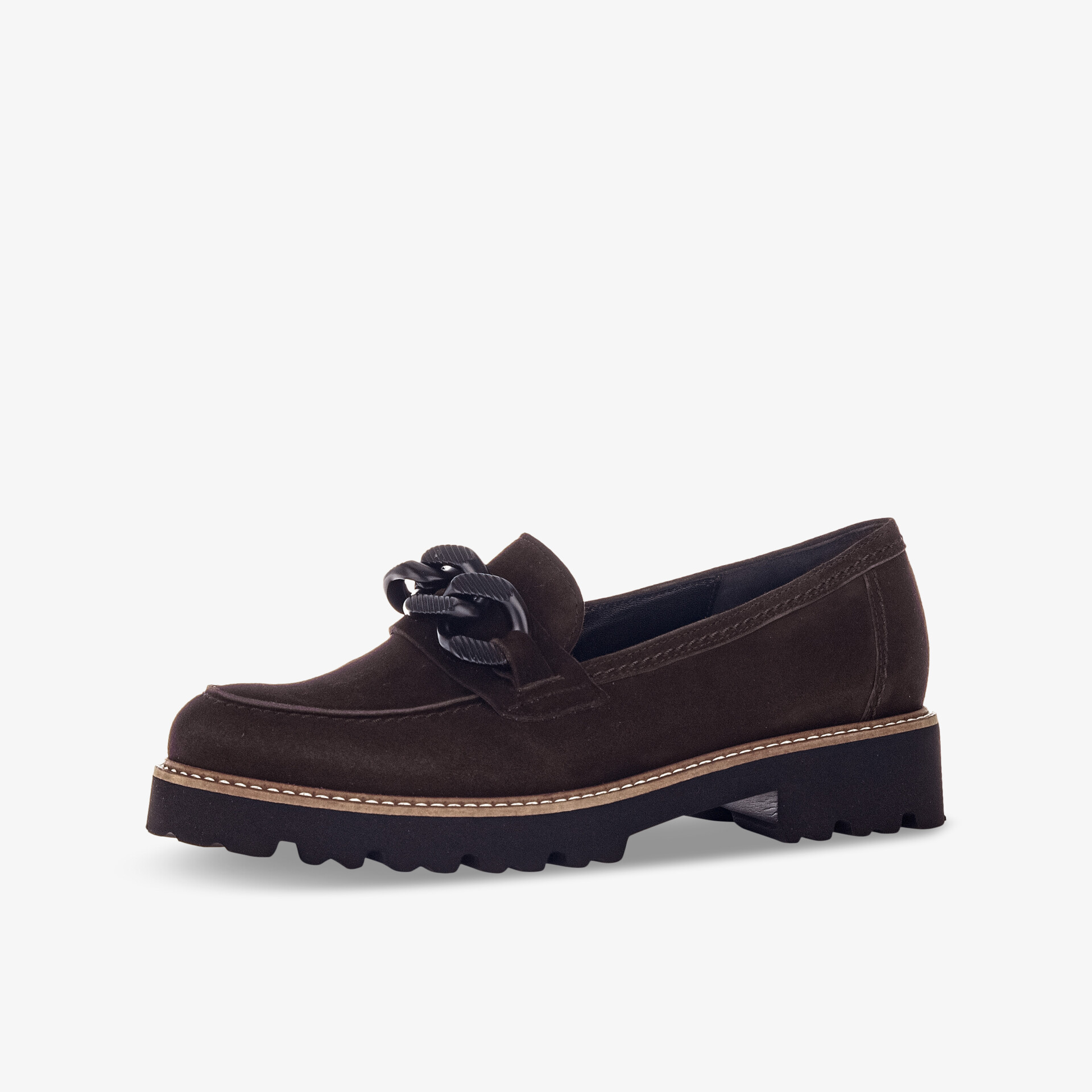 Brauner Lederloafer mit markanter Sohle und dekorativer Kette, perfekte Wahl für Komfort und Stil.