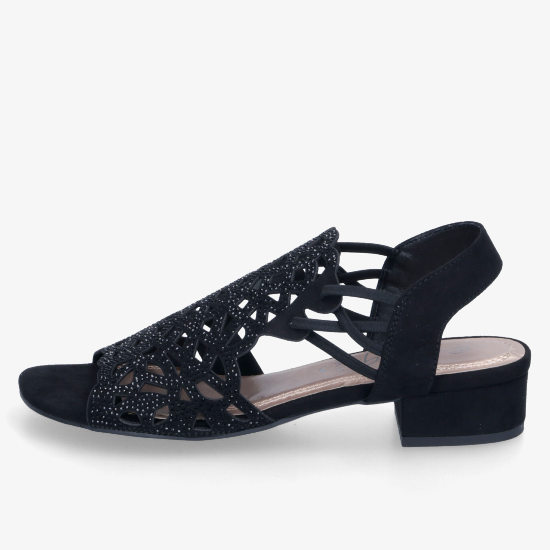 Elegante schwarze Sandalette mit mittlerem Absatz, offenem Zehenbereich und verzierter Oberflächenstruktur, bequem und stilvoll