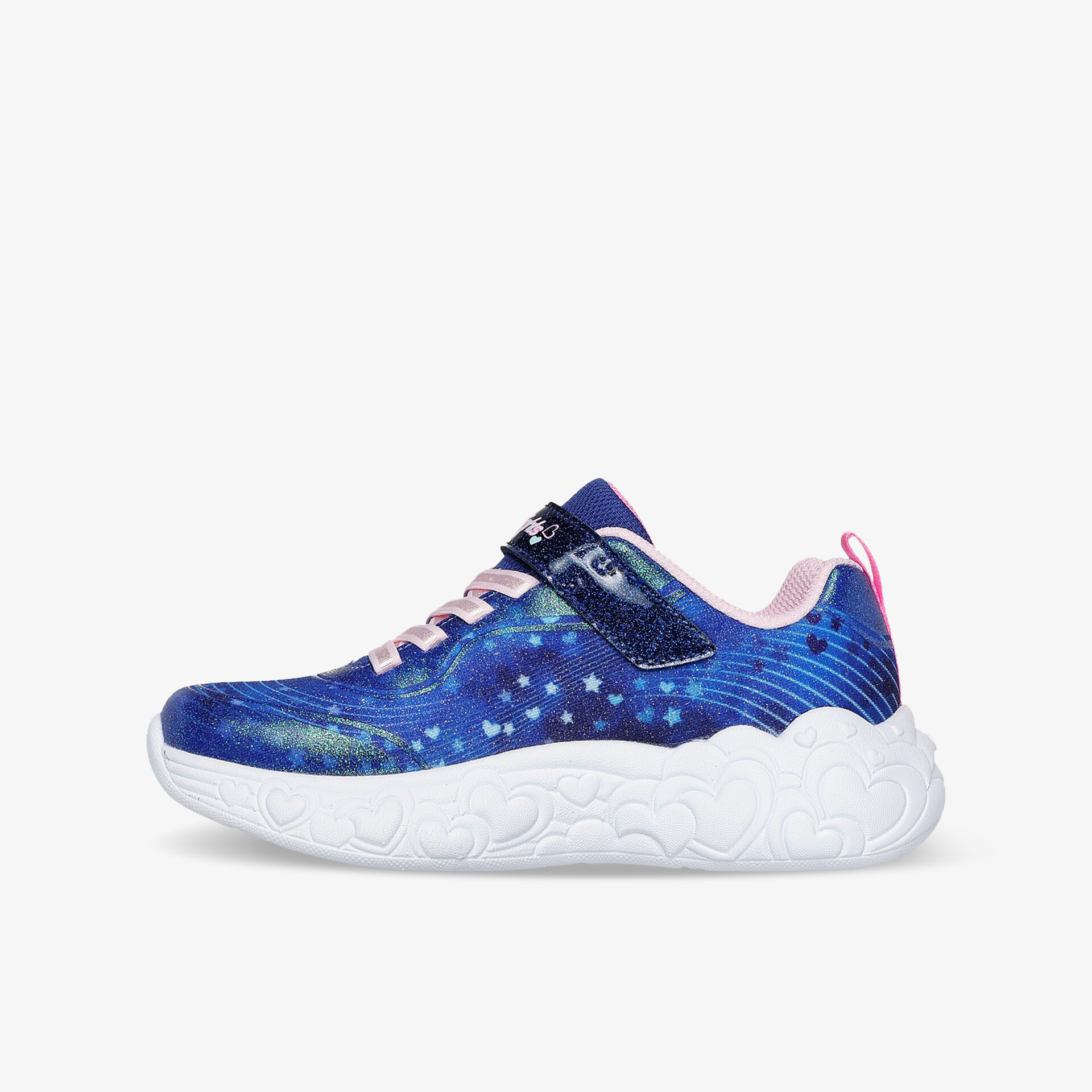 Blauer Sneaker mit weißer, flexibler Sohle und auffälligem Muster, ideal für komfortable Schritte