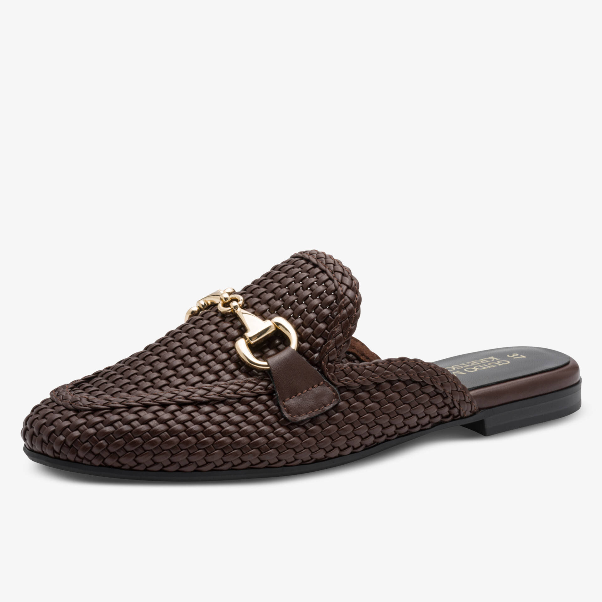 Eleganter brauner Slip-On Hausschuh mit geflochtenem Design und dekorativer Schnalle, bequeme flache Sohle