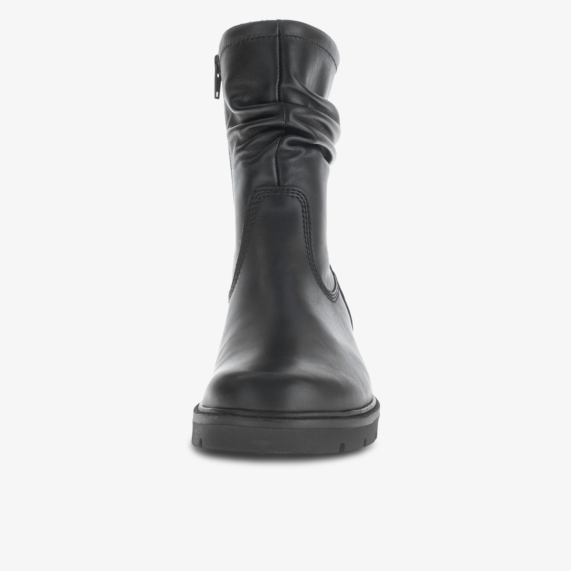 Schwarzer eleganter Stiefel mit hohem Schaft und glatter Oberfläche in Frontansicht