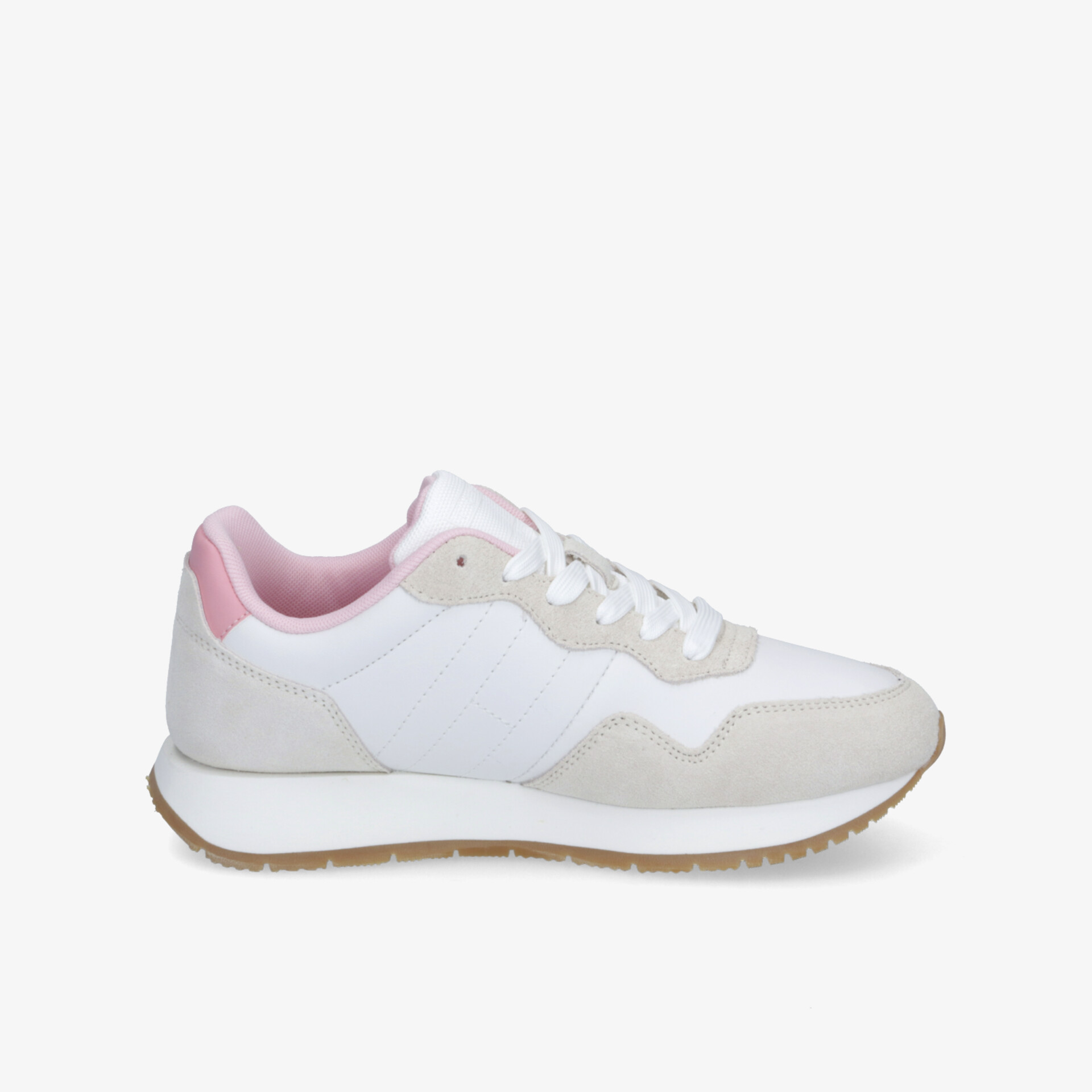 seitliche Ansicht eines leichten, atmungsaktiven weißen Sneakers mit rosa Futter und rutschfester Sohle