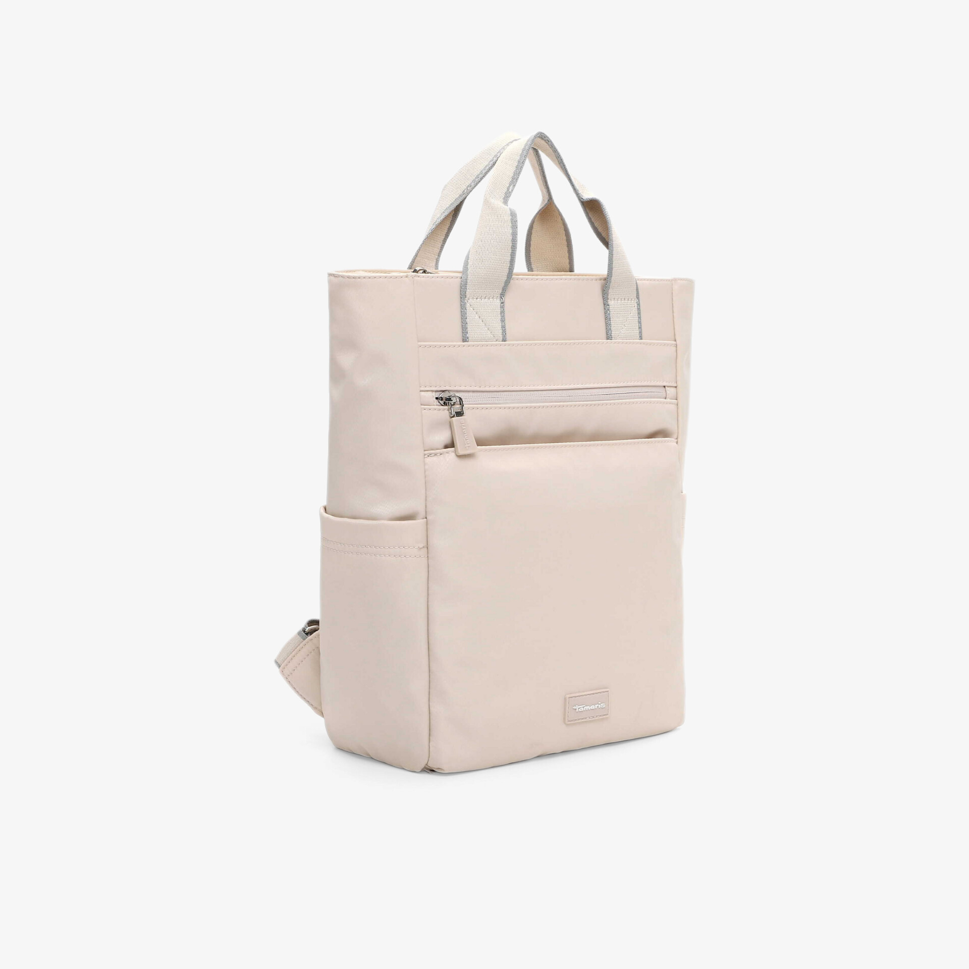 Beiger Rucksack mit mehreren Taschen und robusten Reißverschlüssen, modernes und funktionales Design
